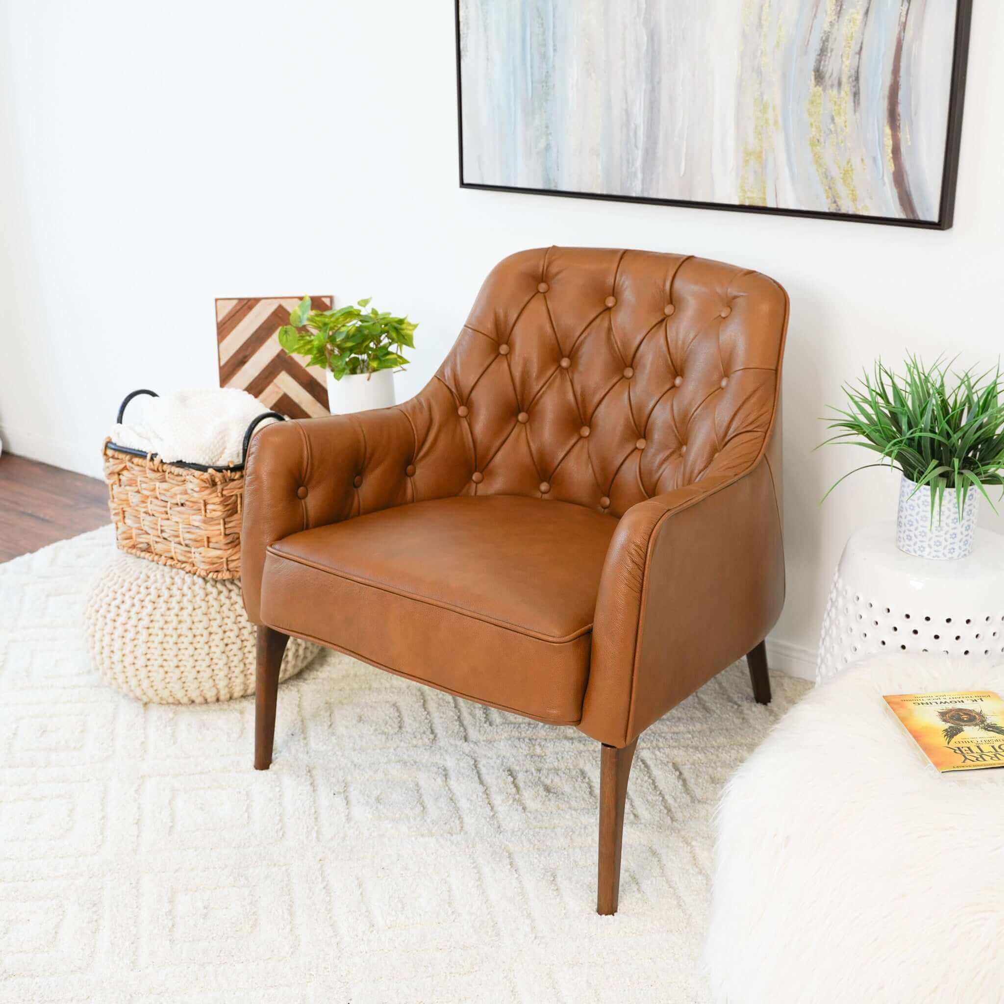 Joshua  Tufted Tan Leather Lounge Chair