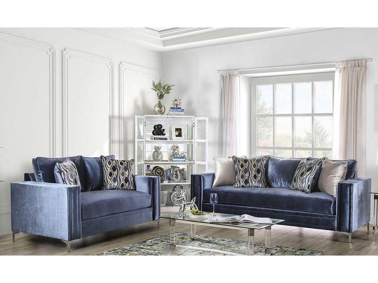 Jodie Satin Blue & Silver Stationary Sofa & Loveseat 2pc