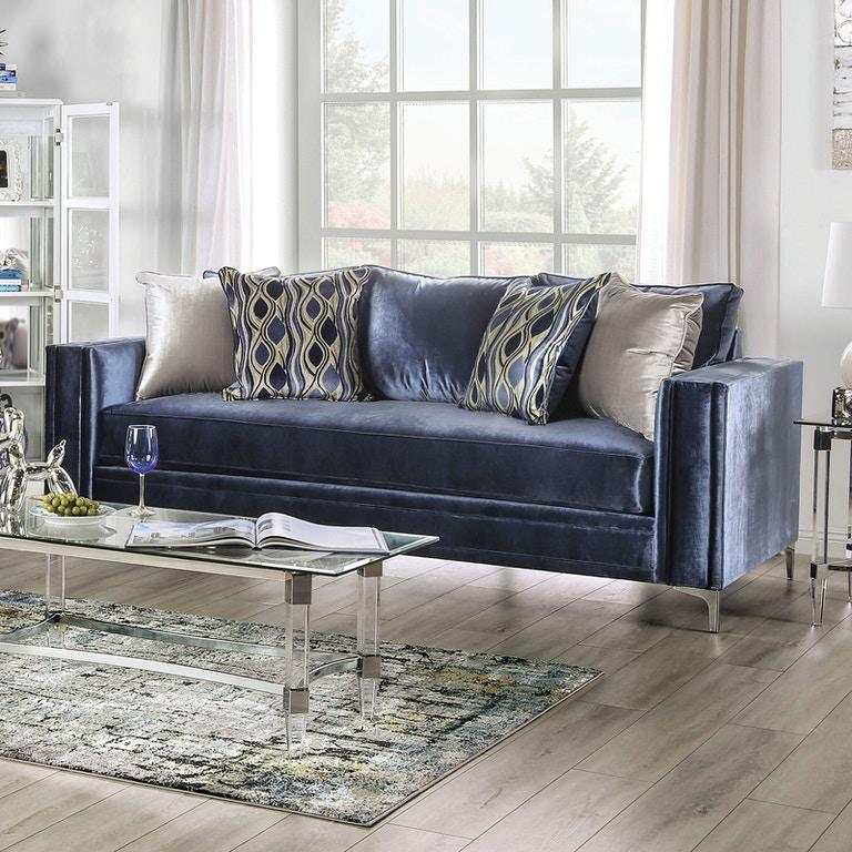 Jodie Satin Blue & Silver Stationary Sofa & Loveseat 2pc
