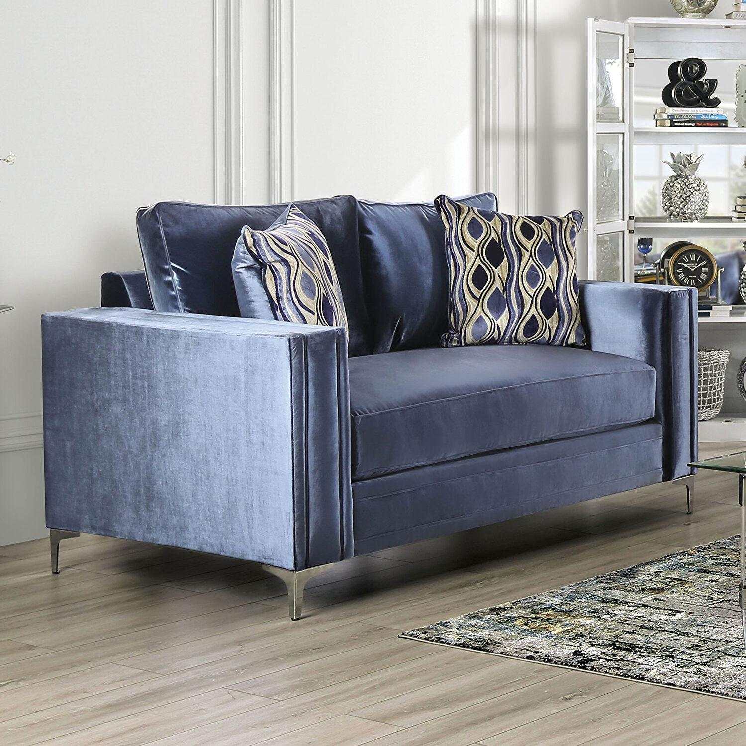 Jodie Satin Blue & Silver Stationary Sofa & Loveseat 2pc