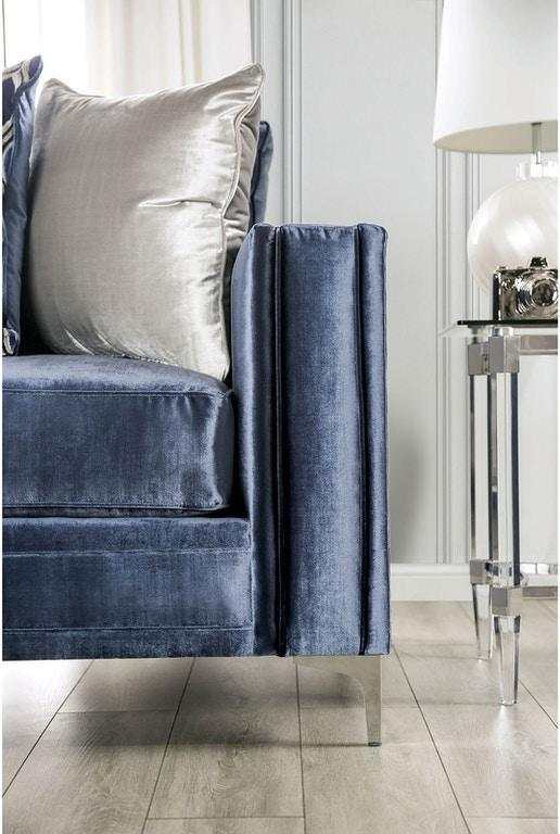 Jodie Satin Blue & Silver Stationary Sofa & Loveseat 2pc