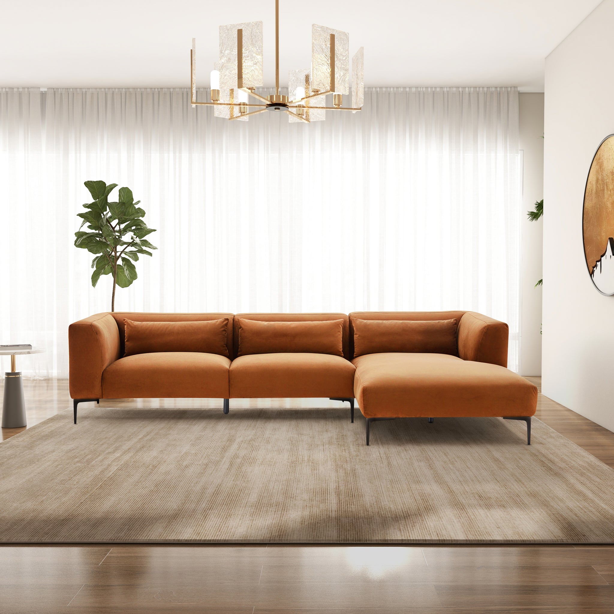 Laley Right-Facing L-Shaped Velvet Sectional in Burnt Orange