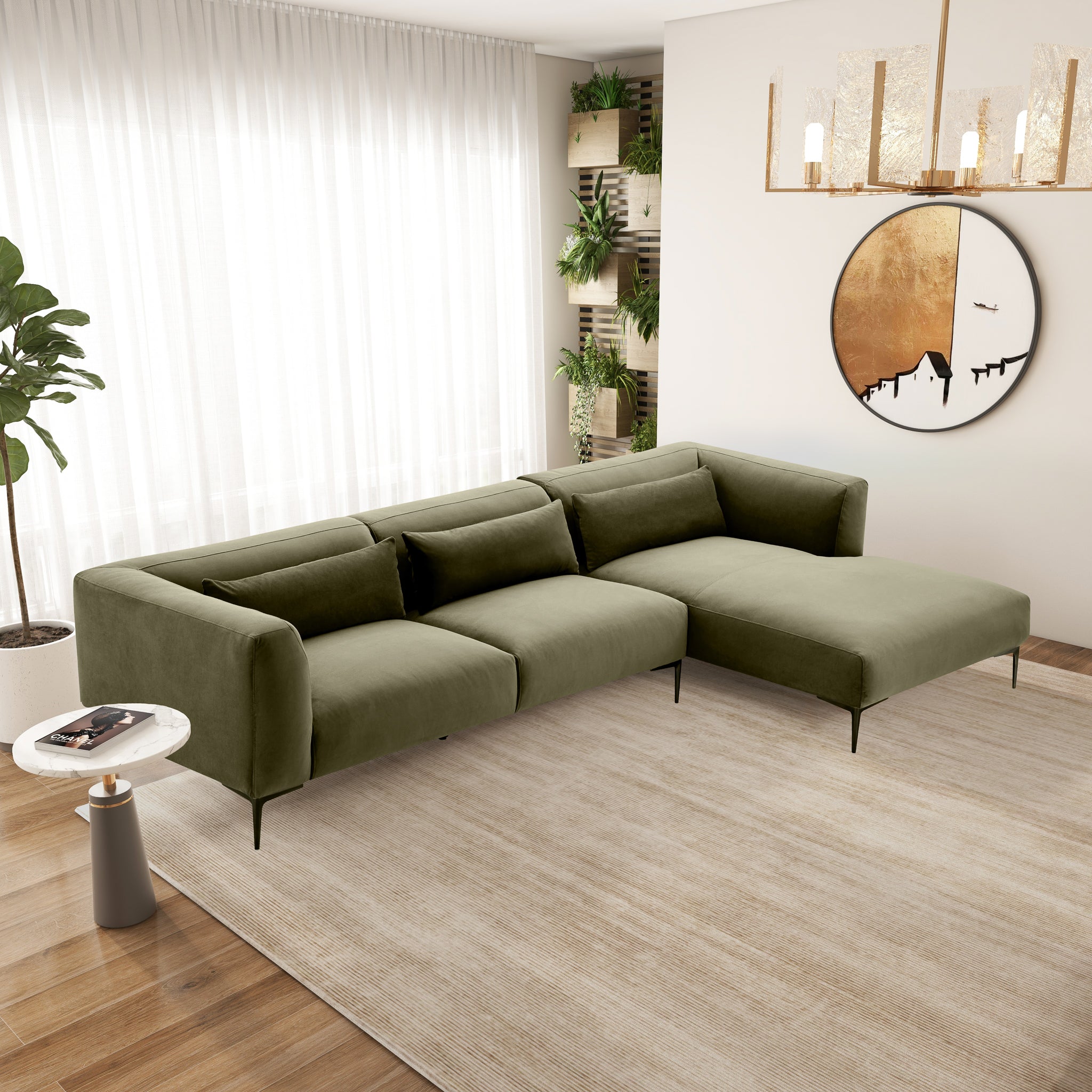 Laley Right-Facing L-Shaped Velvet Sectional in Green