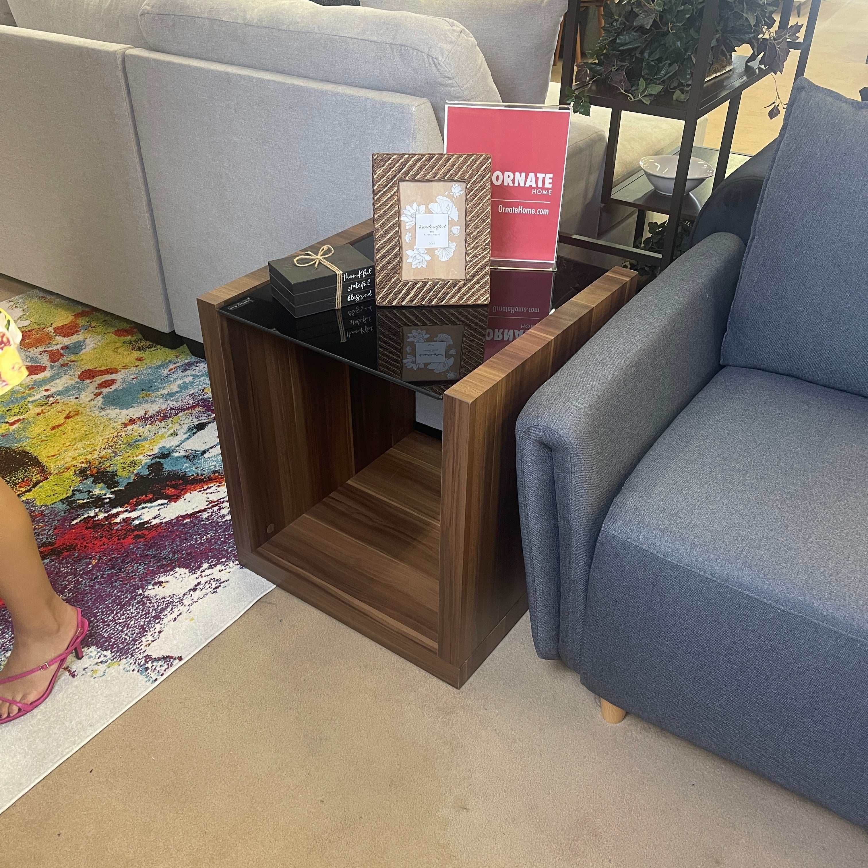 Langenthal Dark Walnut & Black Glass Top End Table