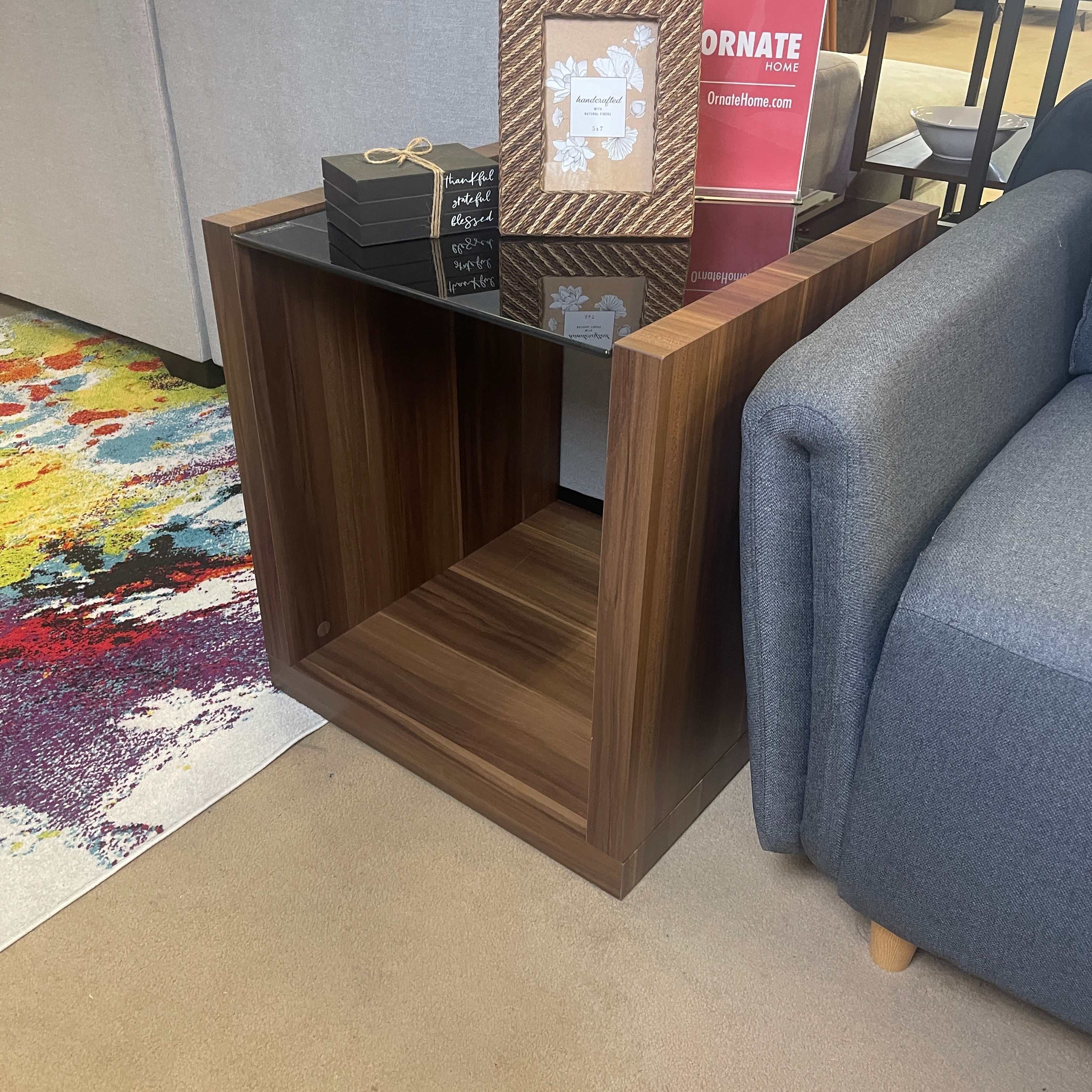Langenthal Dark Walnut & Black Glass Top End Table