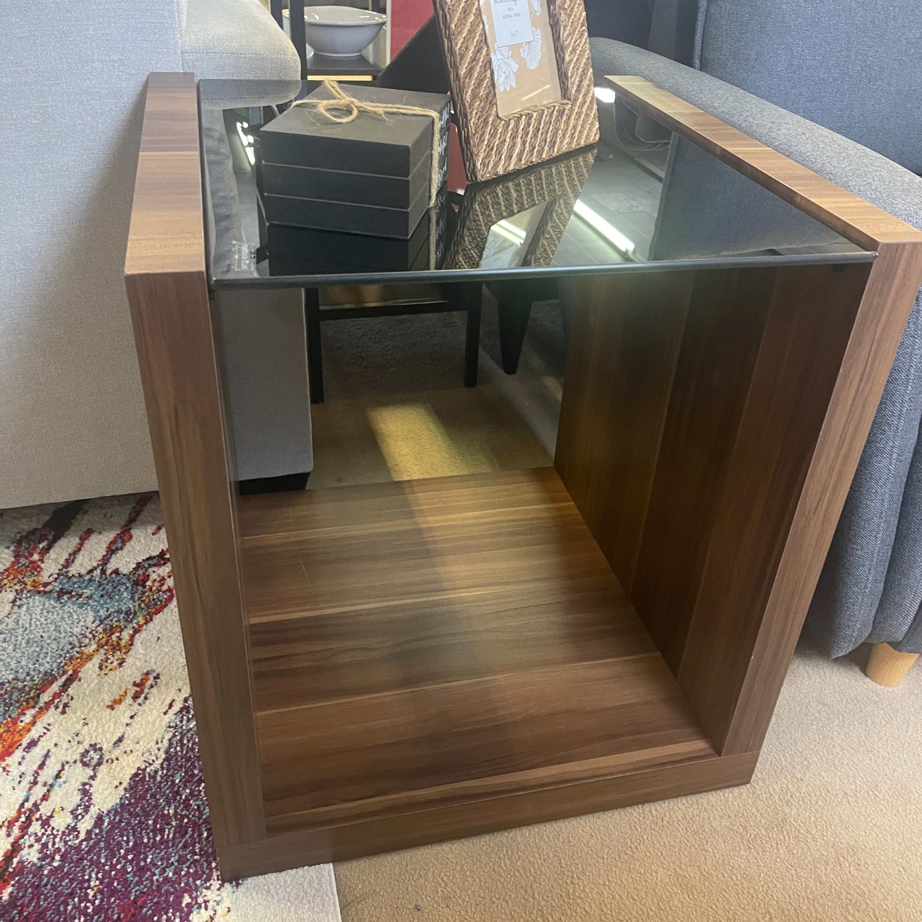 Langenthal Dark Walnut & Black Glass Top End Table