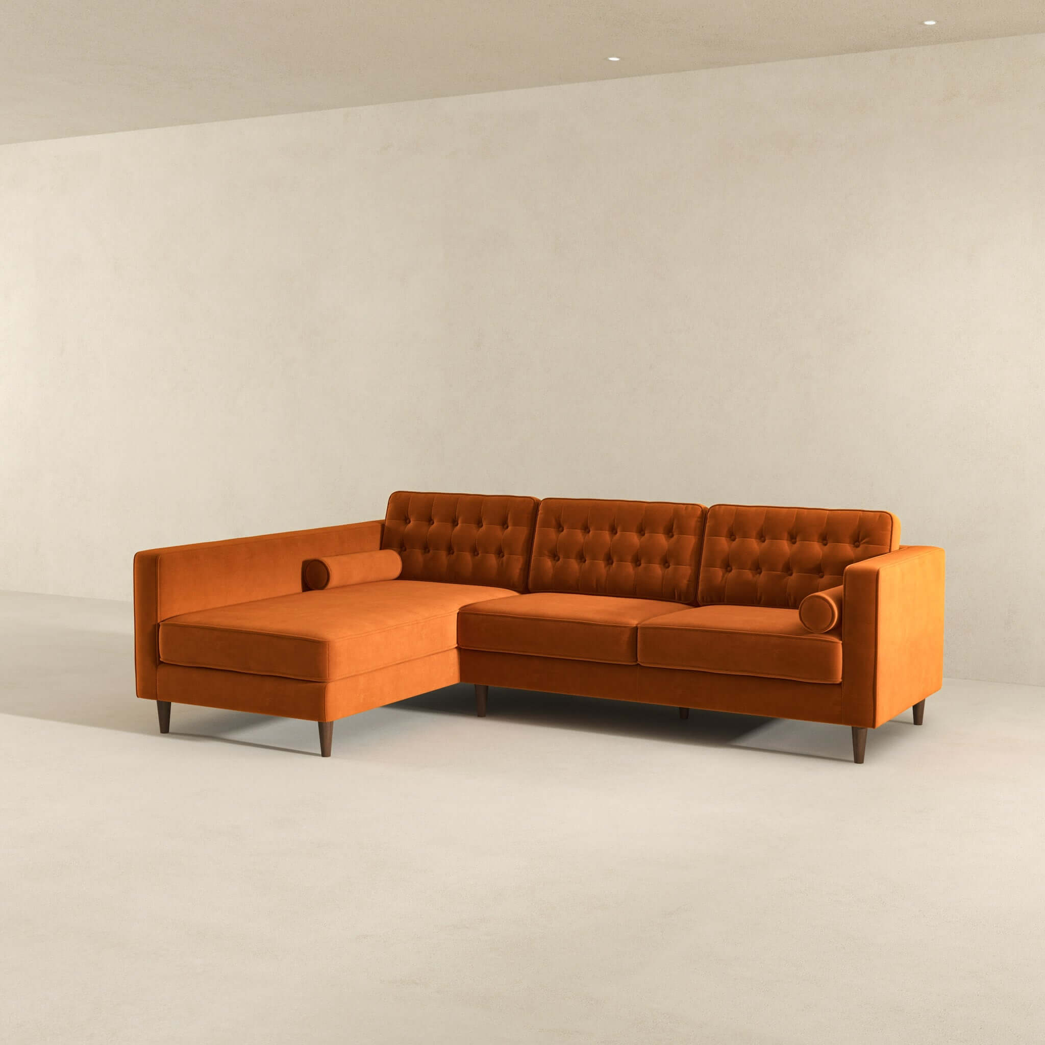 Christian  Burnt Orange Velvet Sectional Sofa Left Facing