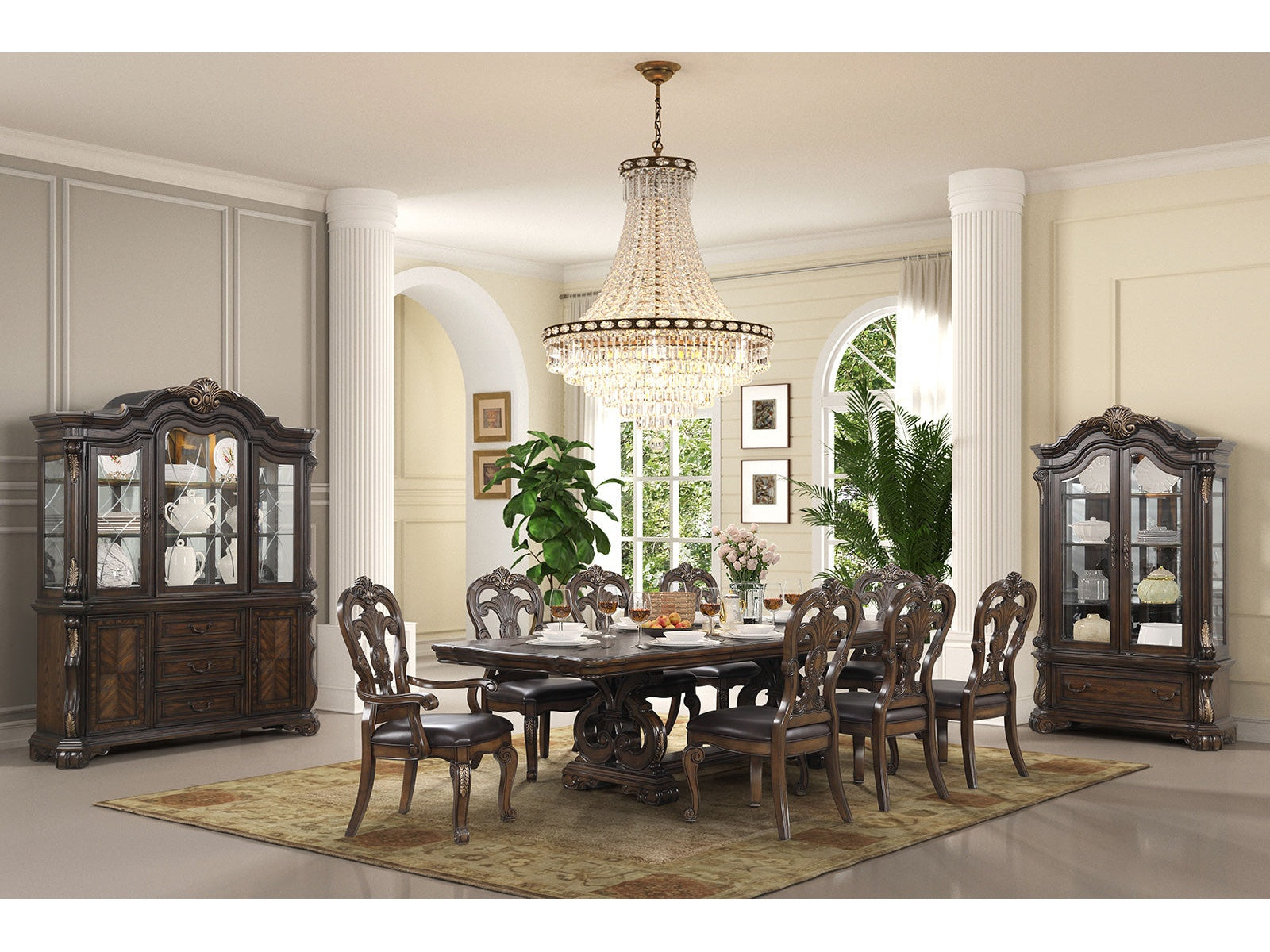Leovanni Dark Brown 9 Piece Dining Set
