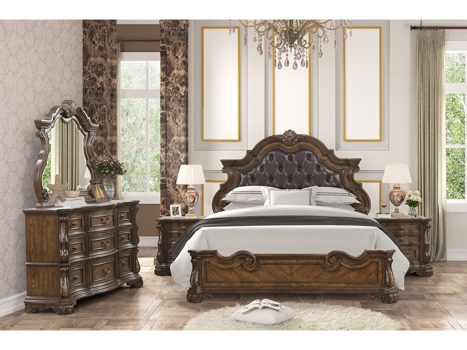 Leovanni Dark Brown Queen Full 5 Piece Bedroom Set w/2 Nightstands