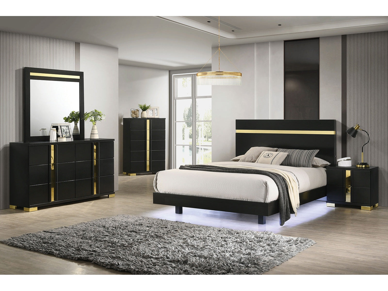 Lillestrom Black/Gold Queen 5 Piece Bedroom Set w/Chest