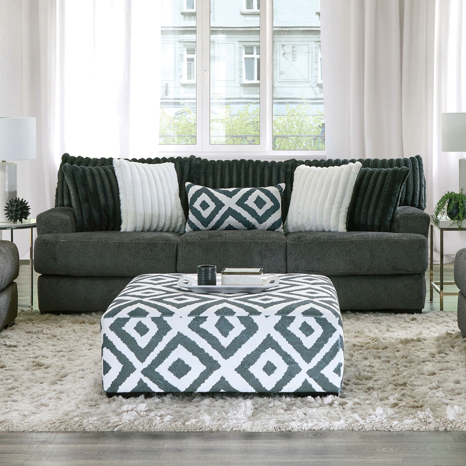Loughton Gun Metal/Ivory Ottoman
