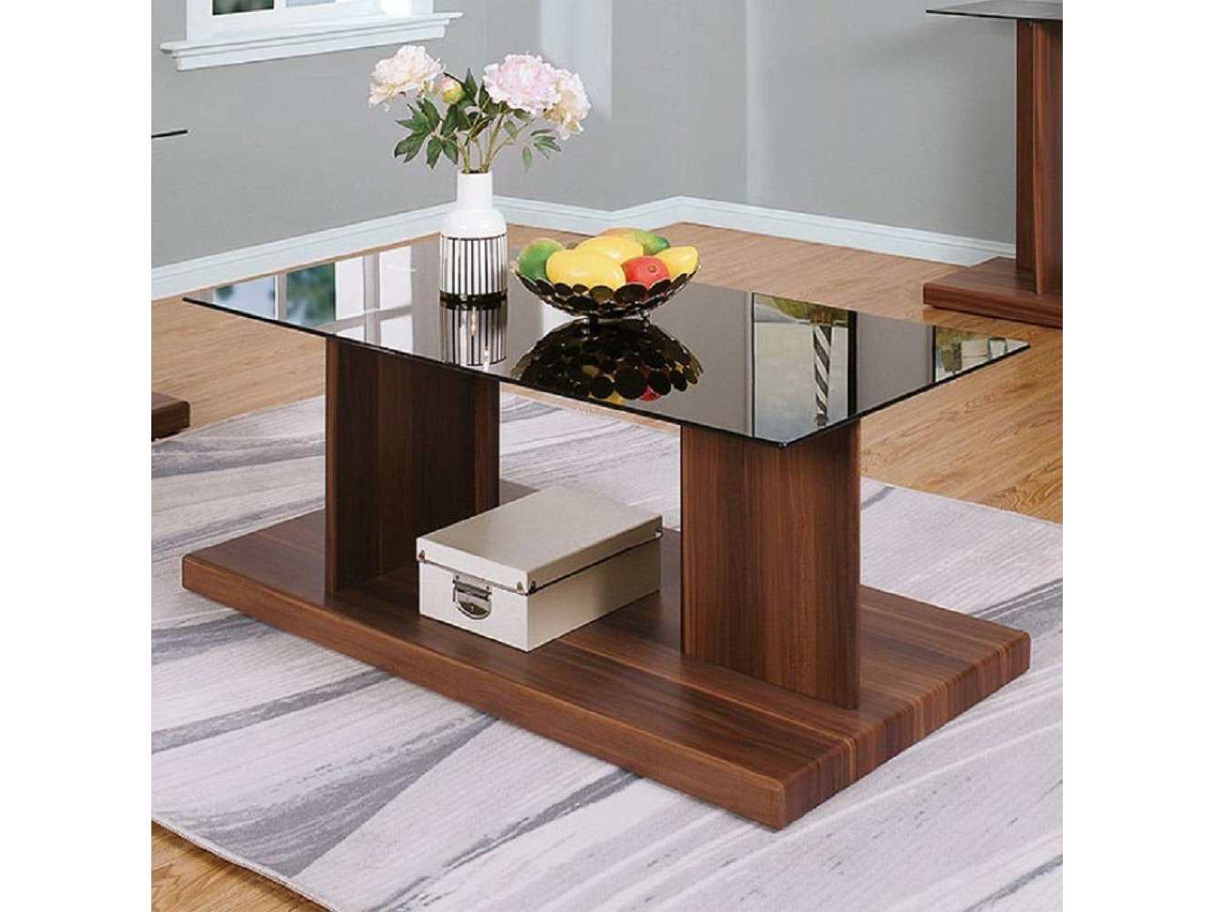 Mannedorf Dark Walnut & Black Glass Top Coffee Table