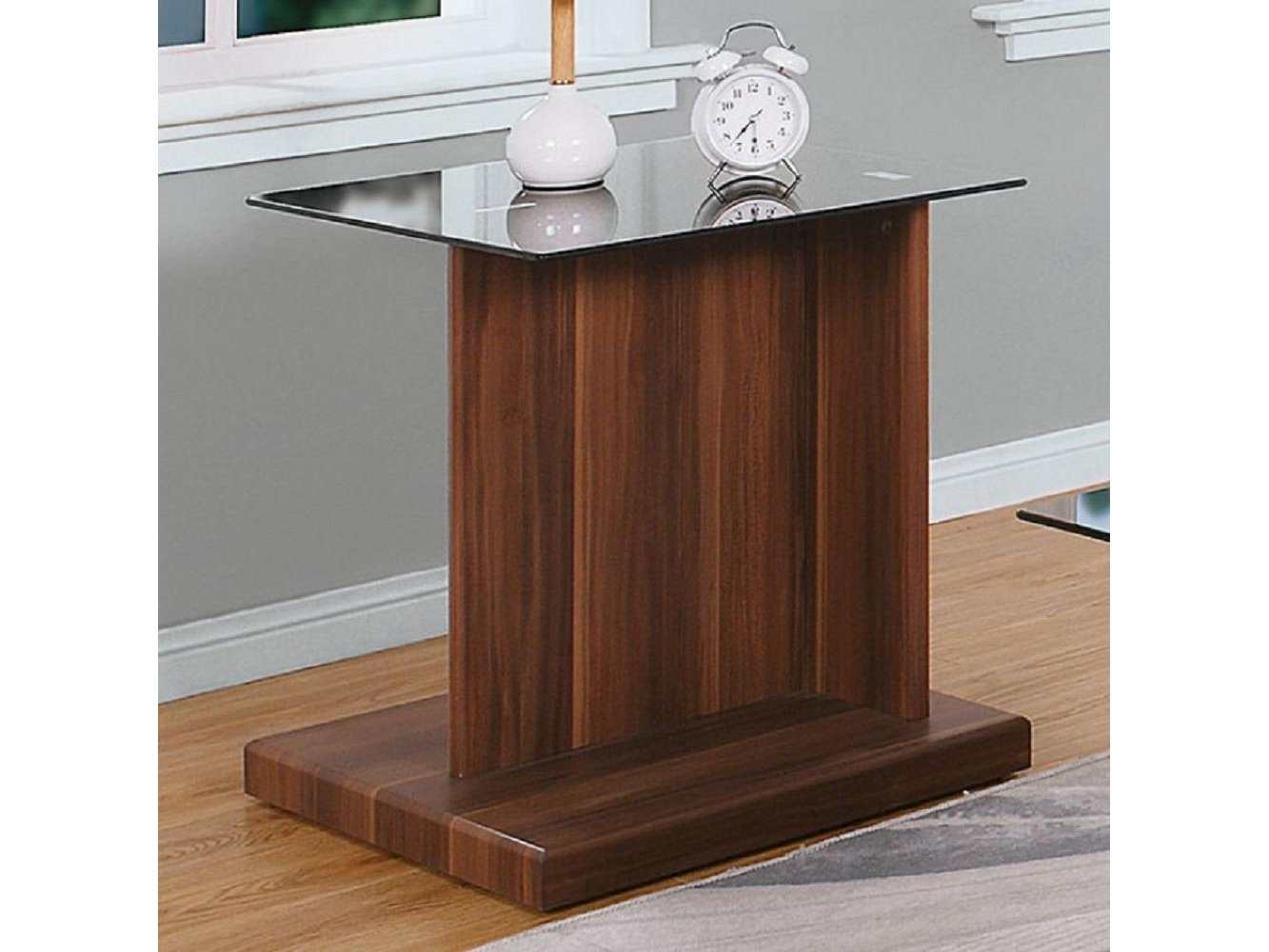 Mannedorf Dark Walnut & Black Glass Top End Table