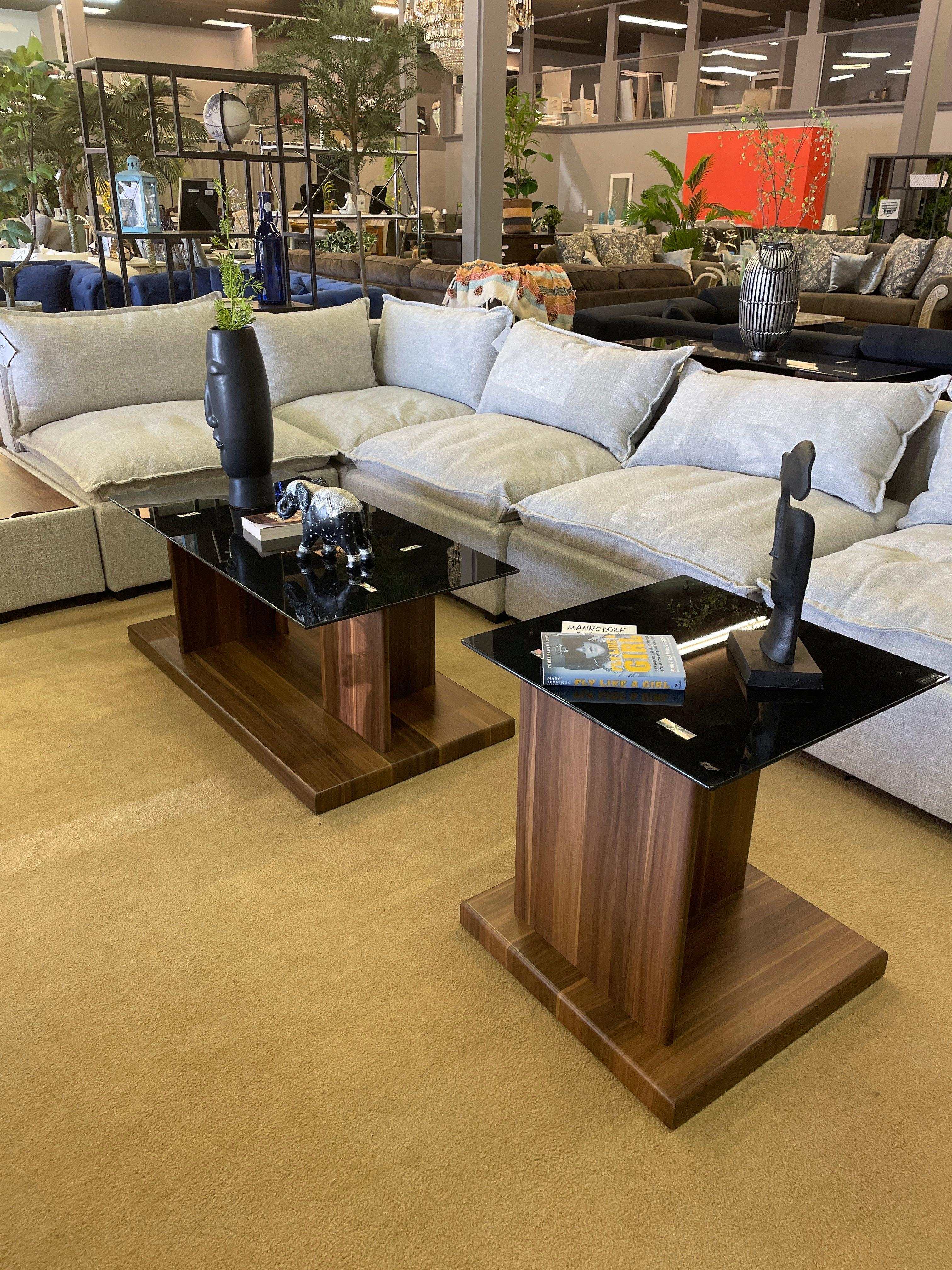 Mannedorf Dark Walnut & Black Glass Top End Table
