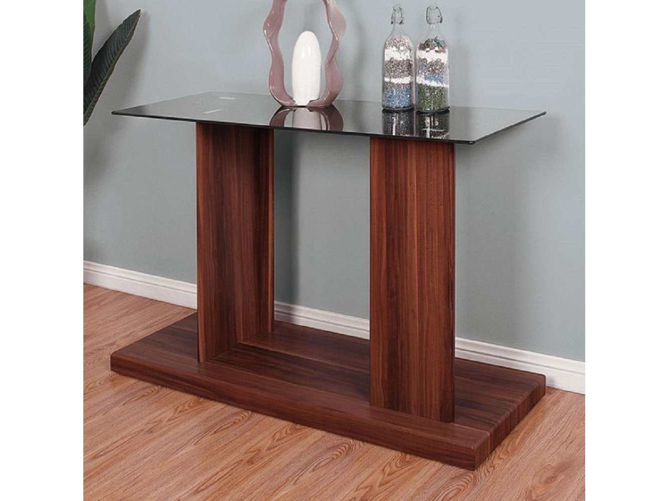 Mannedorf Dark Walnut & Black Glass Top Sofa Table