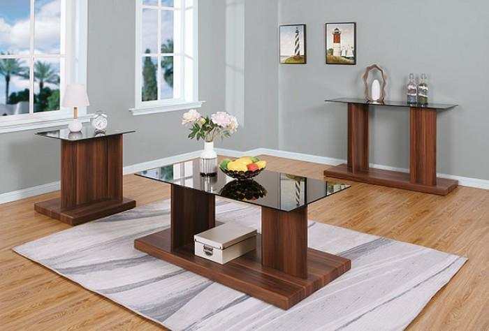 Mannedorf Dark Walnut & Black Glass Top Sofa Table