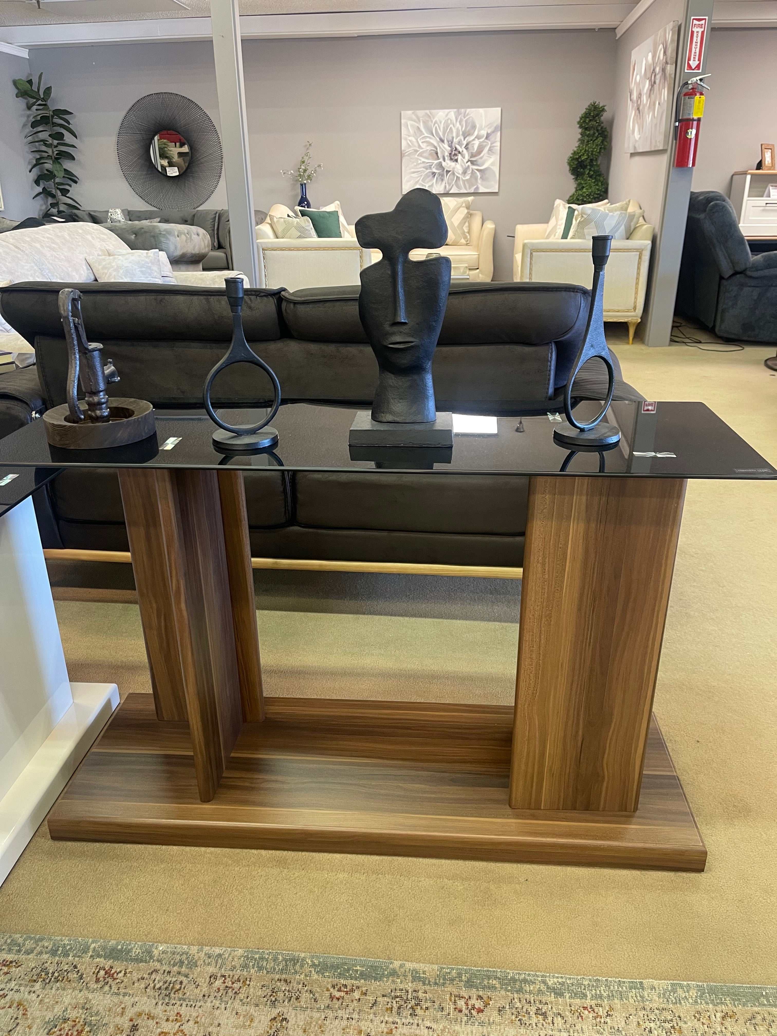 Mannedorf Dark Walnut & Black Glass Top Sofa Table