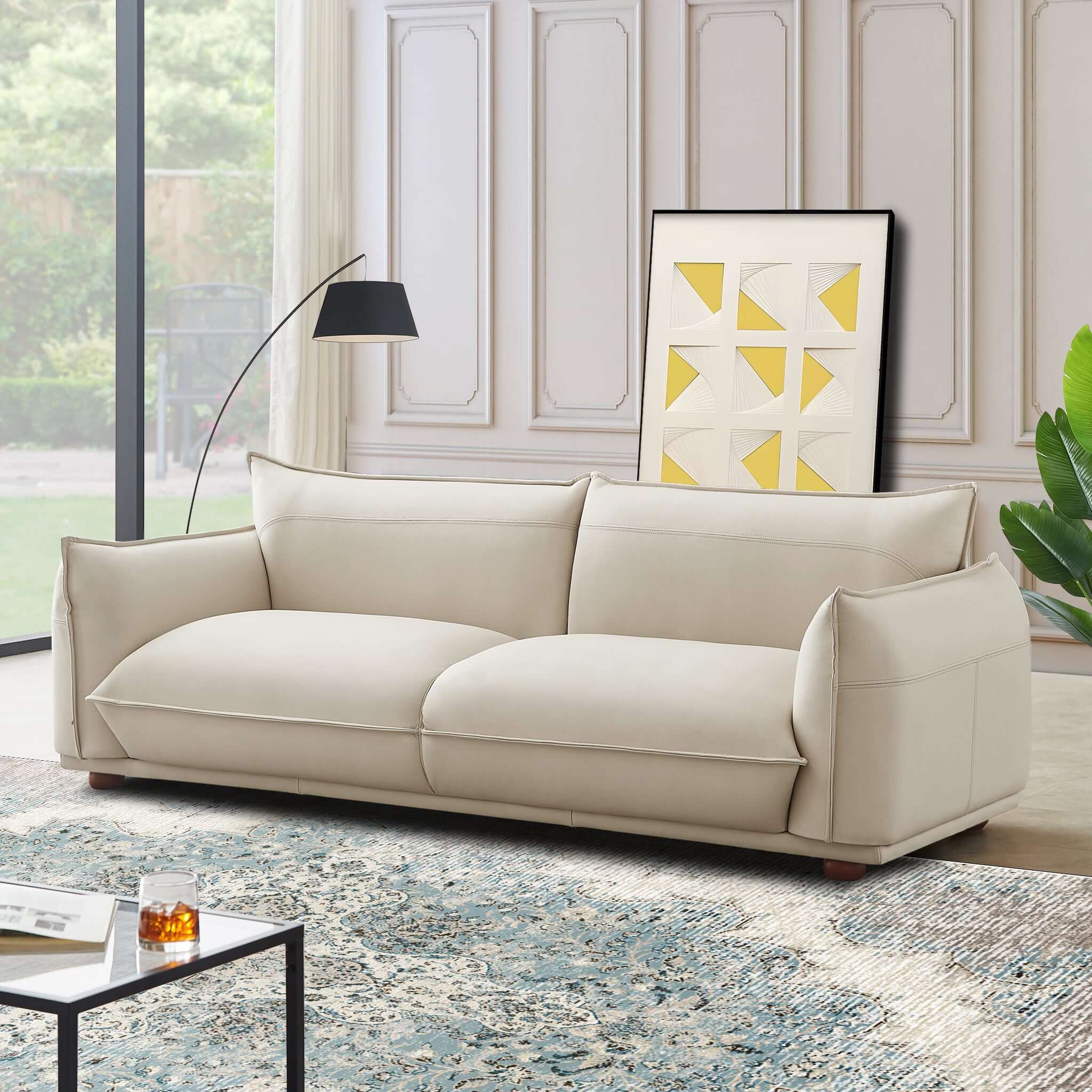 Emma Mid Century Modern Luxury Cream Leather Sofa