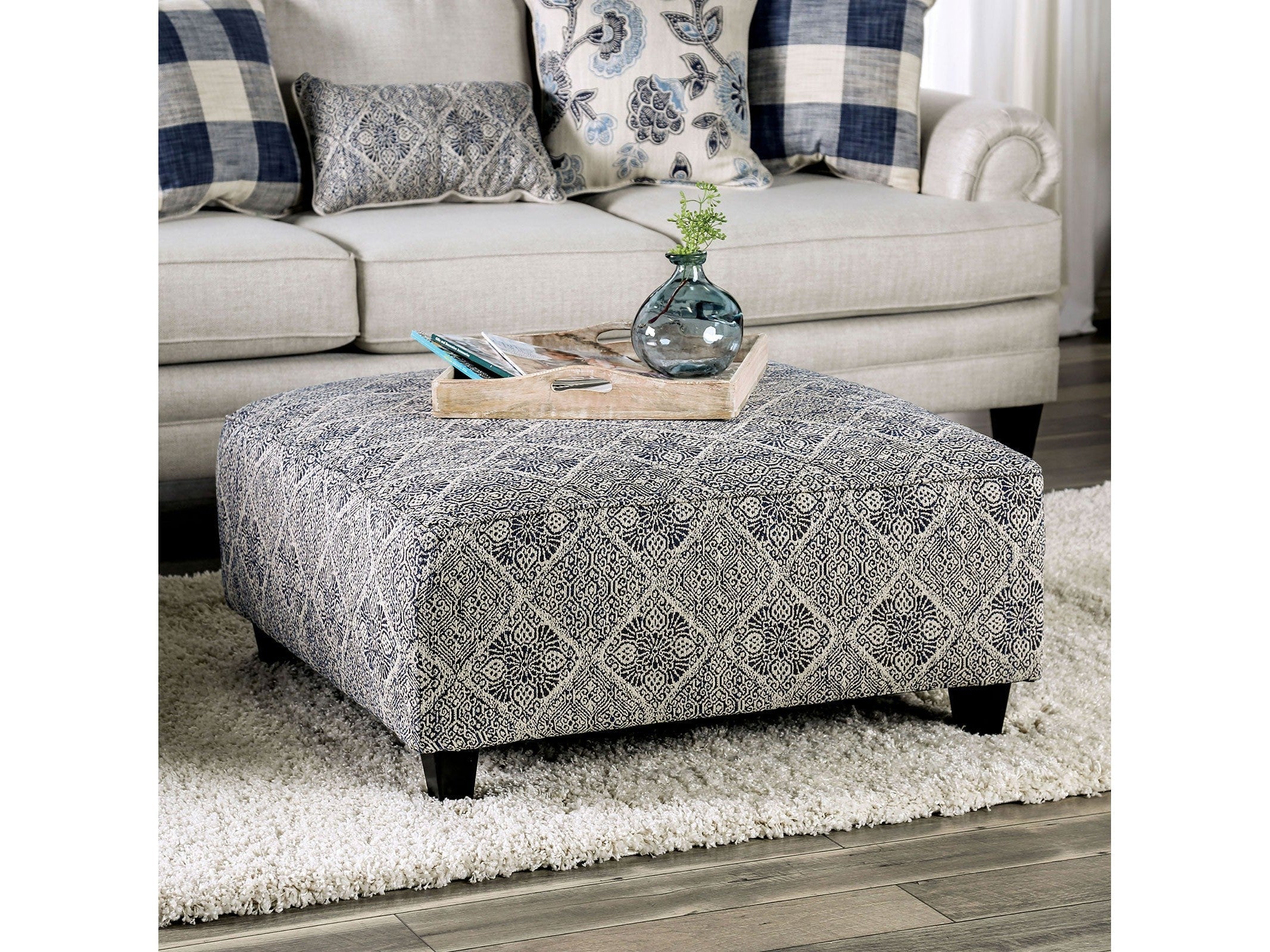 Nash Ivory/Navy Ottoman