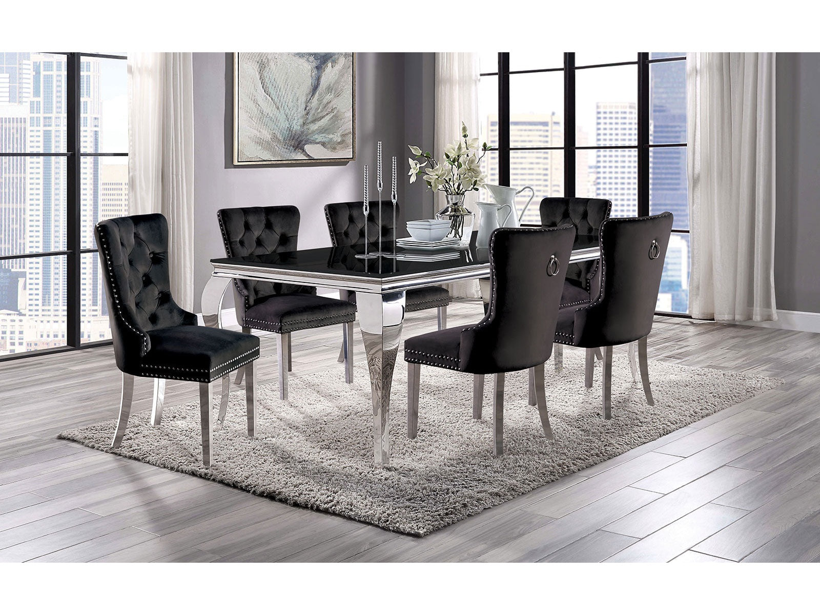 Neuveville Black/Chrome Table and Black Chairs 7-Piece Dining Room Set