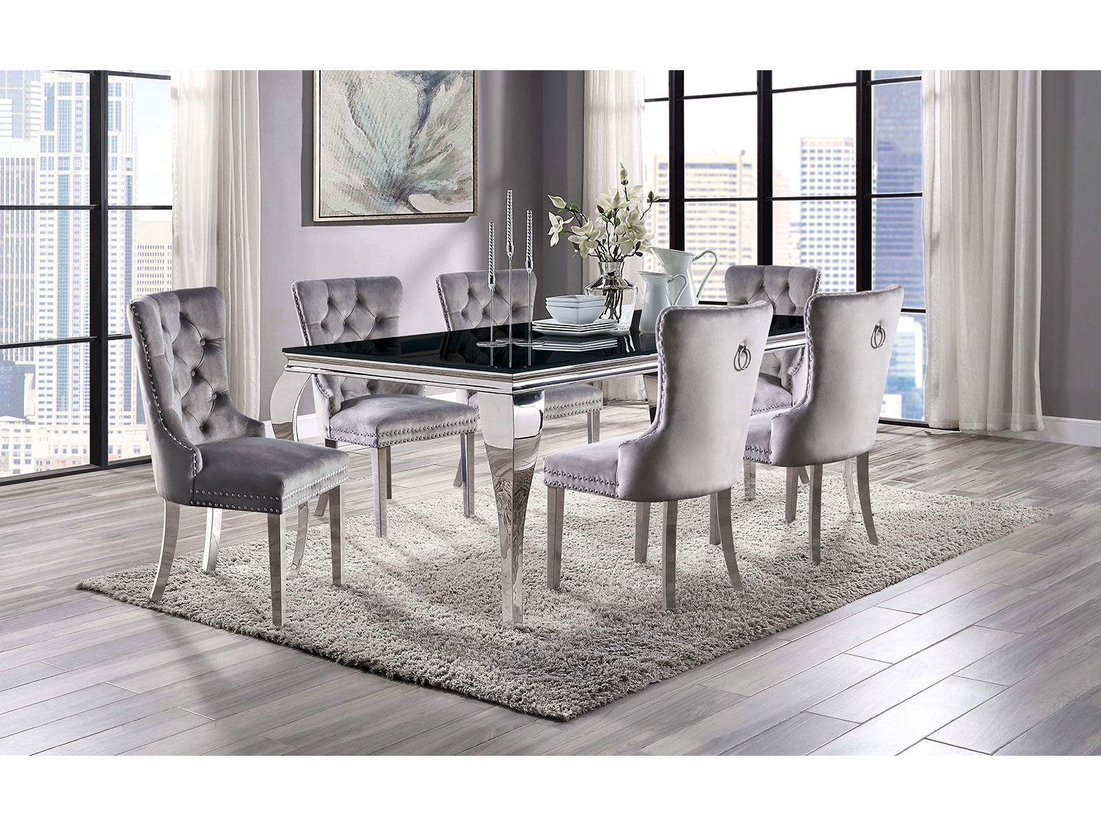 Neuveville Black/Chrome Table and Gray Chairs 7-Piece Dining Room Set