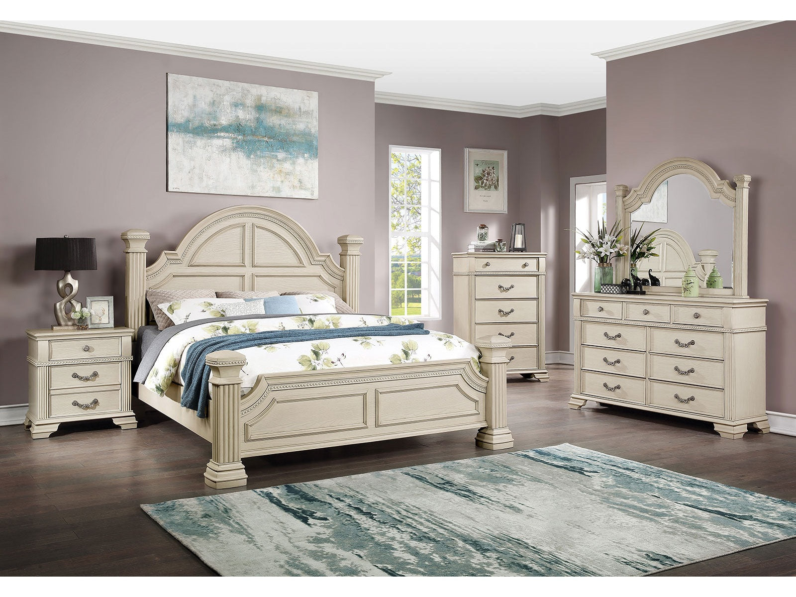 Pamphilos Antique White Queen Bed & Nightstand & Dresser & Mirror & Chest