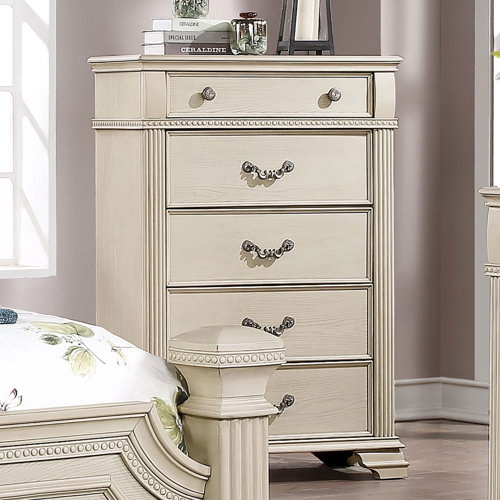 Pamphilos Antique White Queen Bed & Nightstand & Dresser & Mirror & Chest