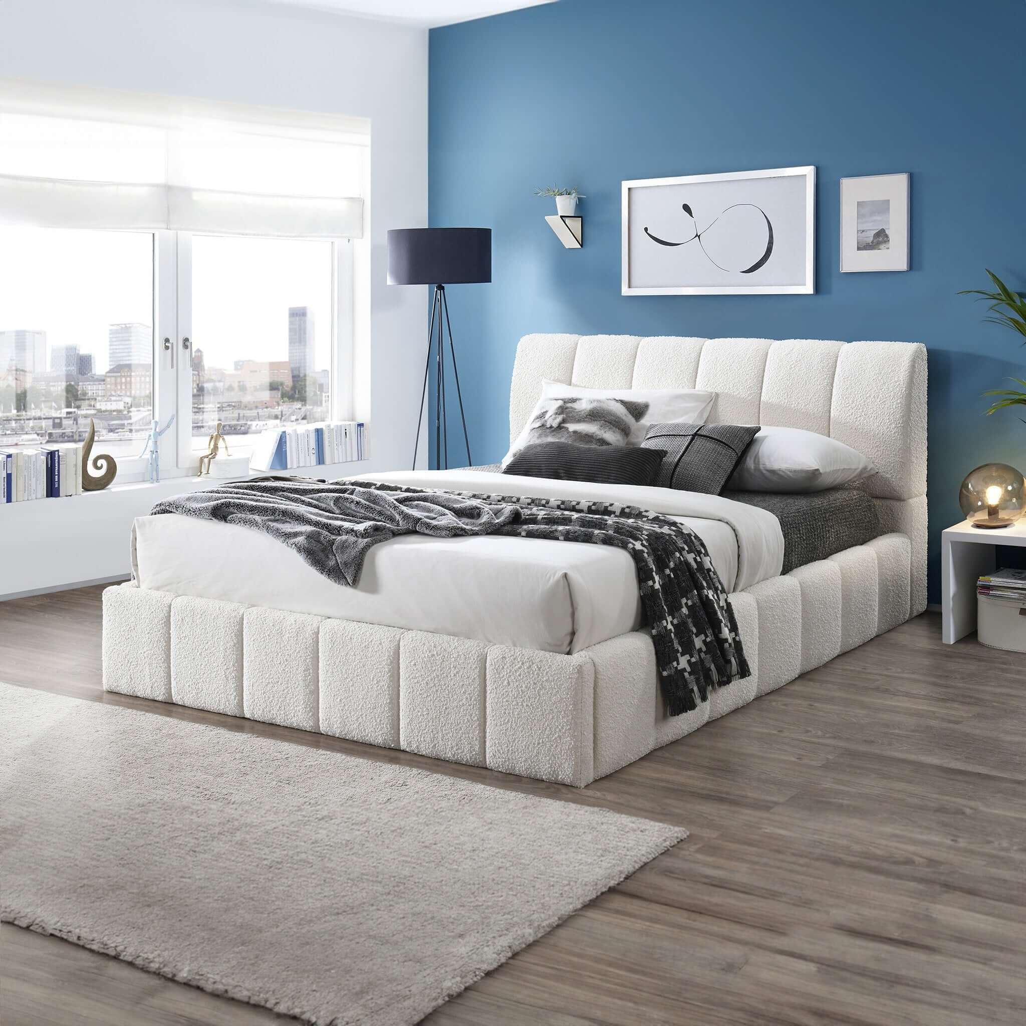 Hilar  White Boucle Platform Bed Queen