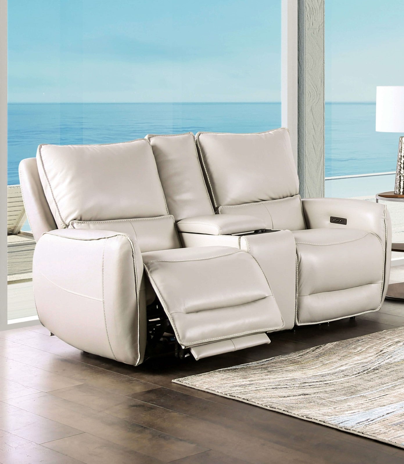 Phineas Beige Power Top Grain Leather Match Reclining Sofa & Loveseat