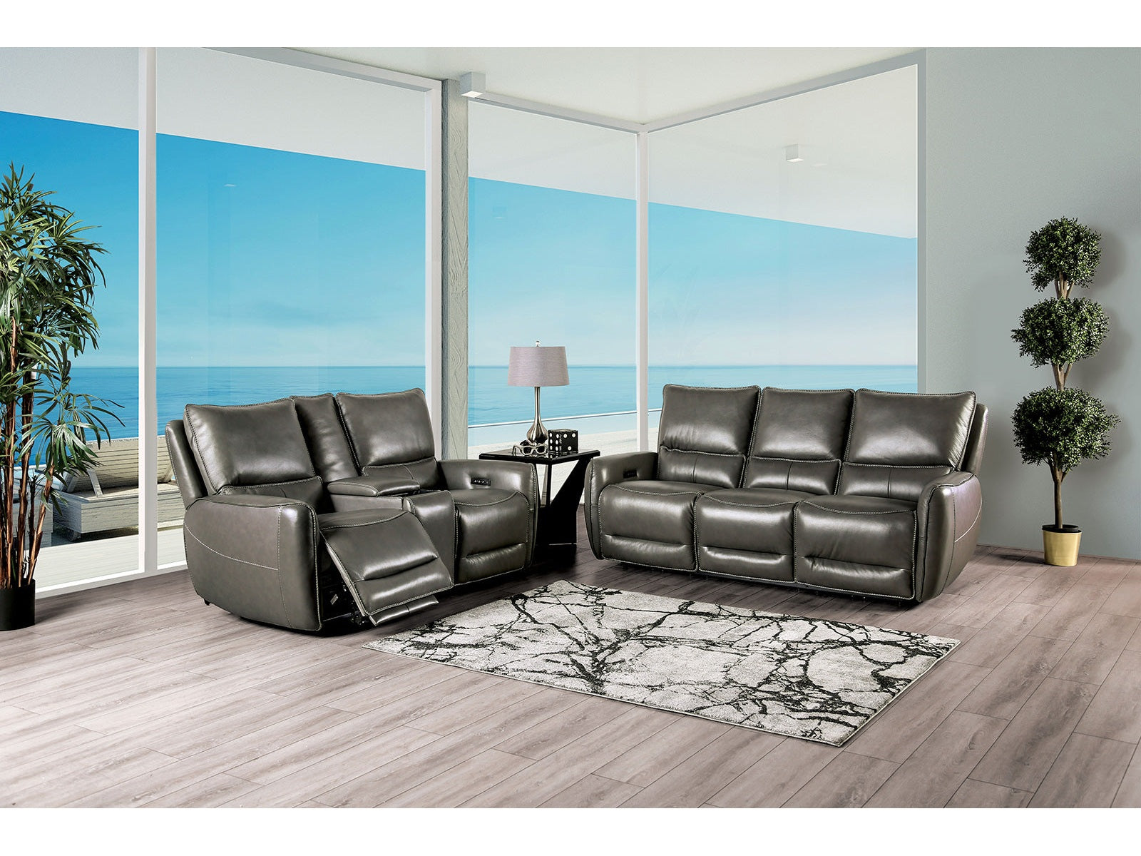 Phineas Gray Power Top Grain Leather Match Reclining Sofa & Loveseat