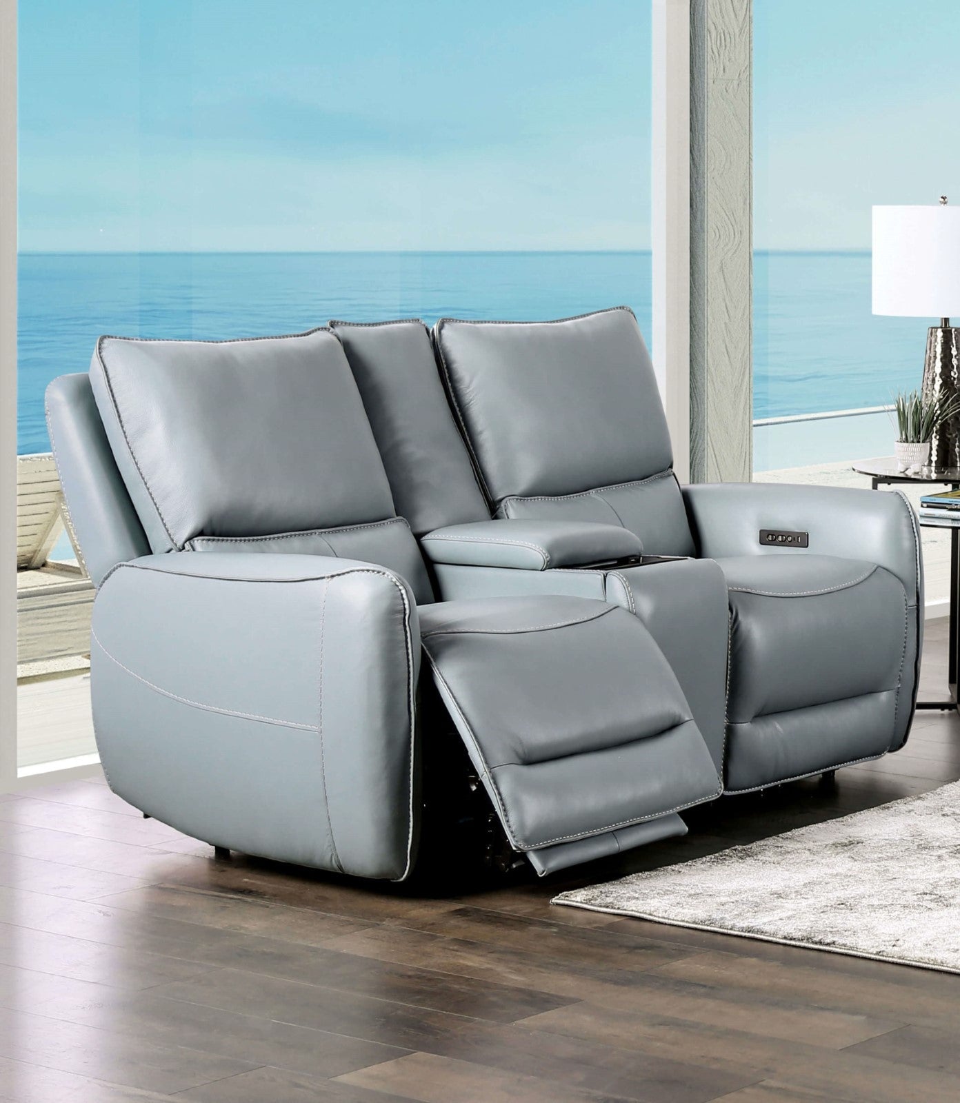 Phineas Pale Blue Top Grain Leather Match Power Reclining Sofa & Loveseat