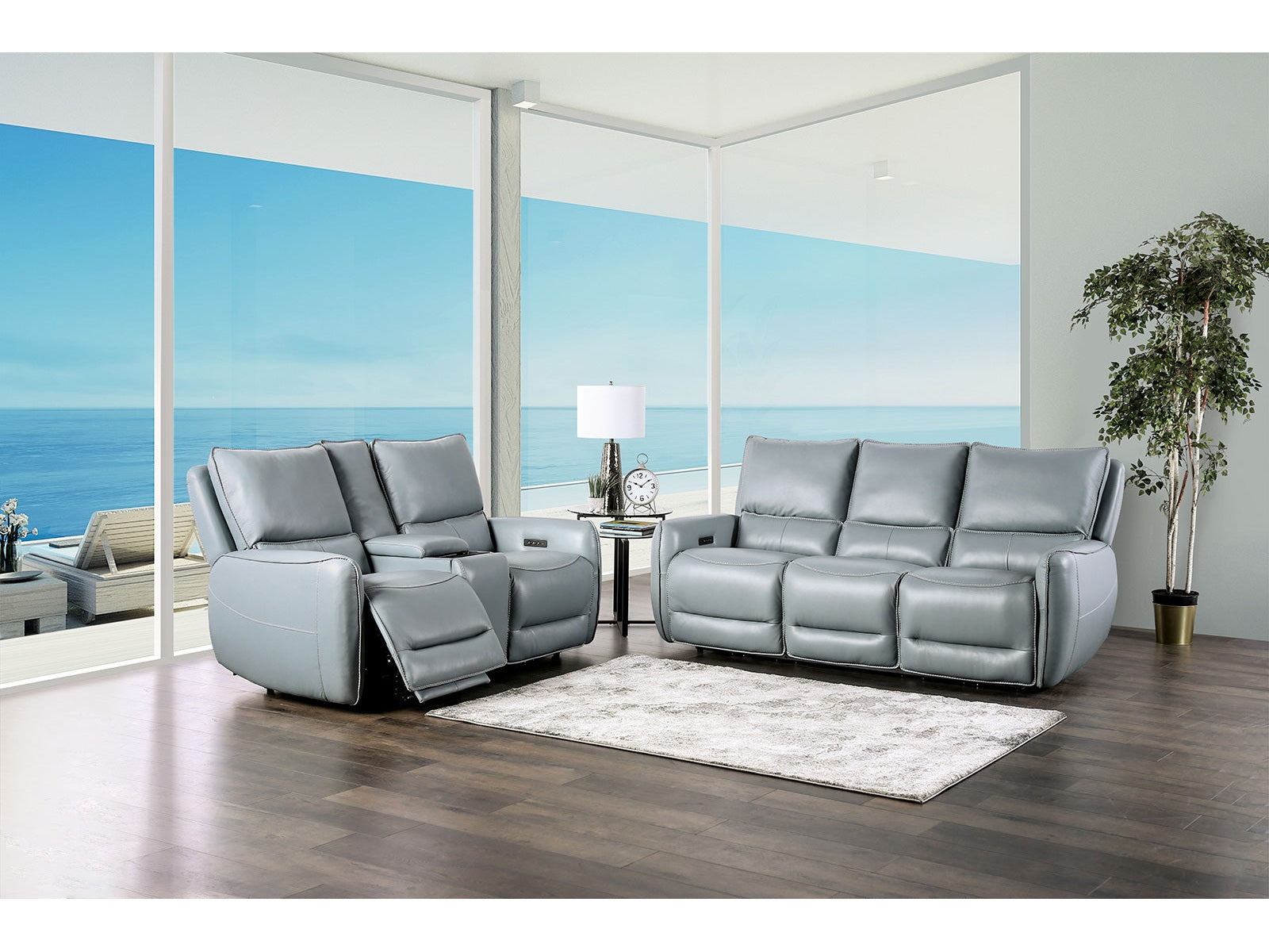 Phineas Pale Blue Top Grain Leather Match Power Reclining Sofa & Loveseat