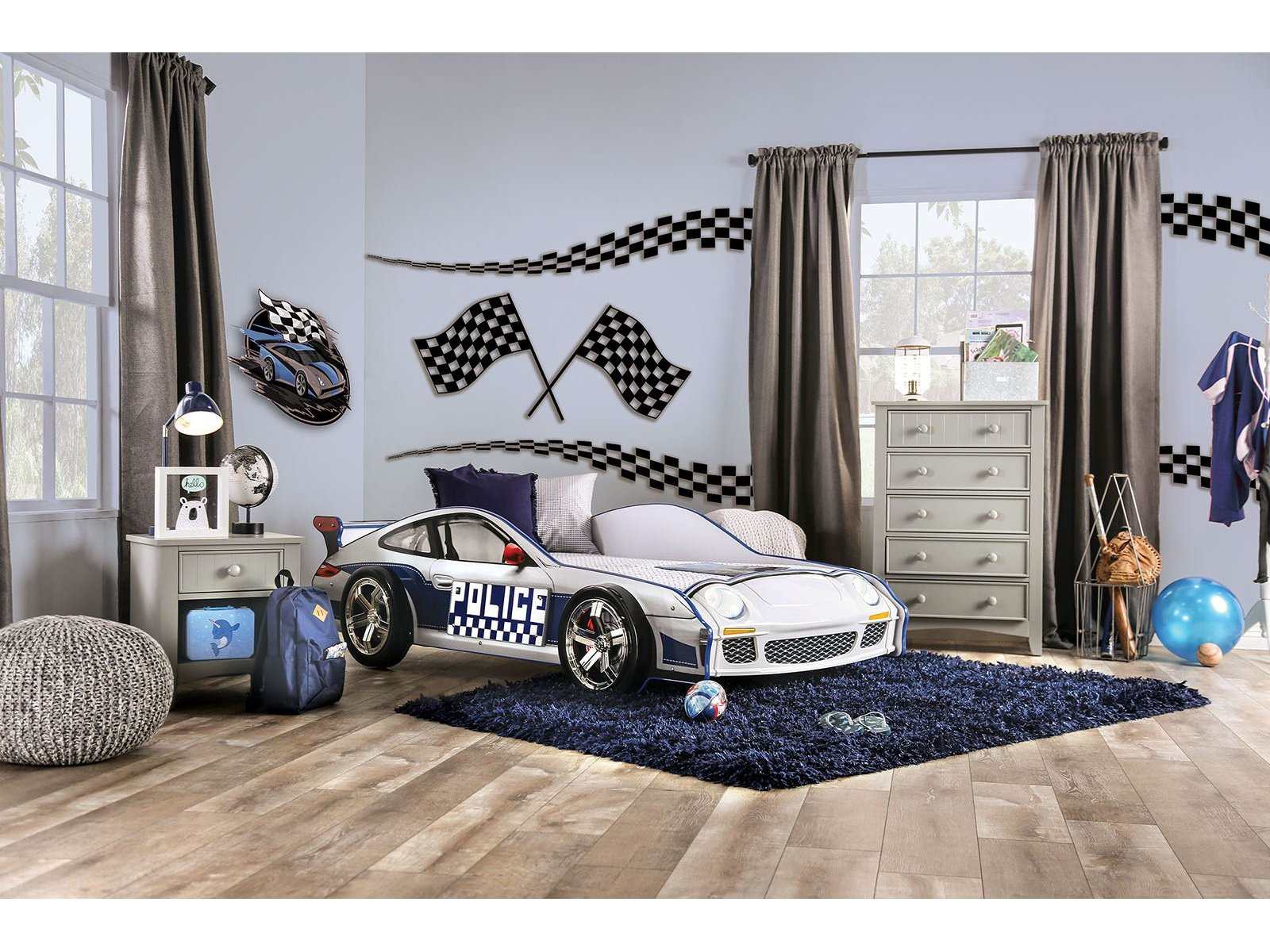 Poe Blue & White Twin Car Bed