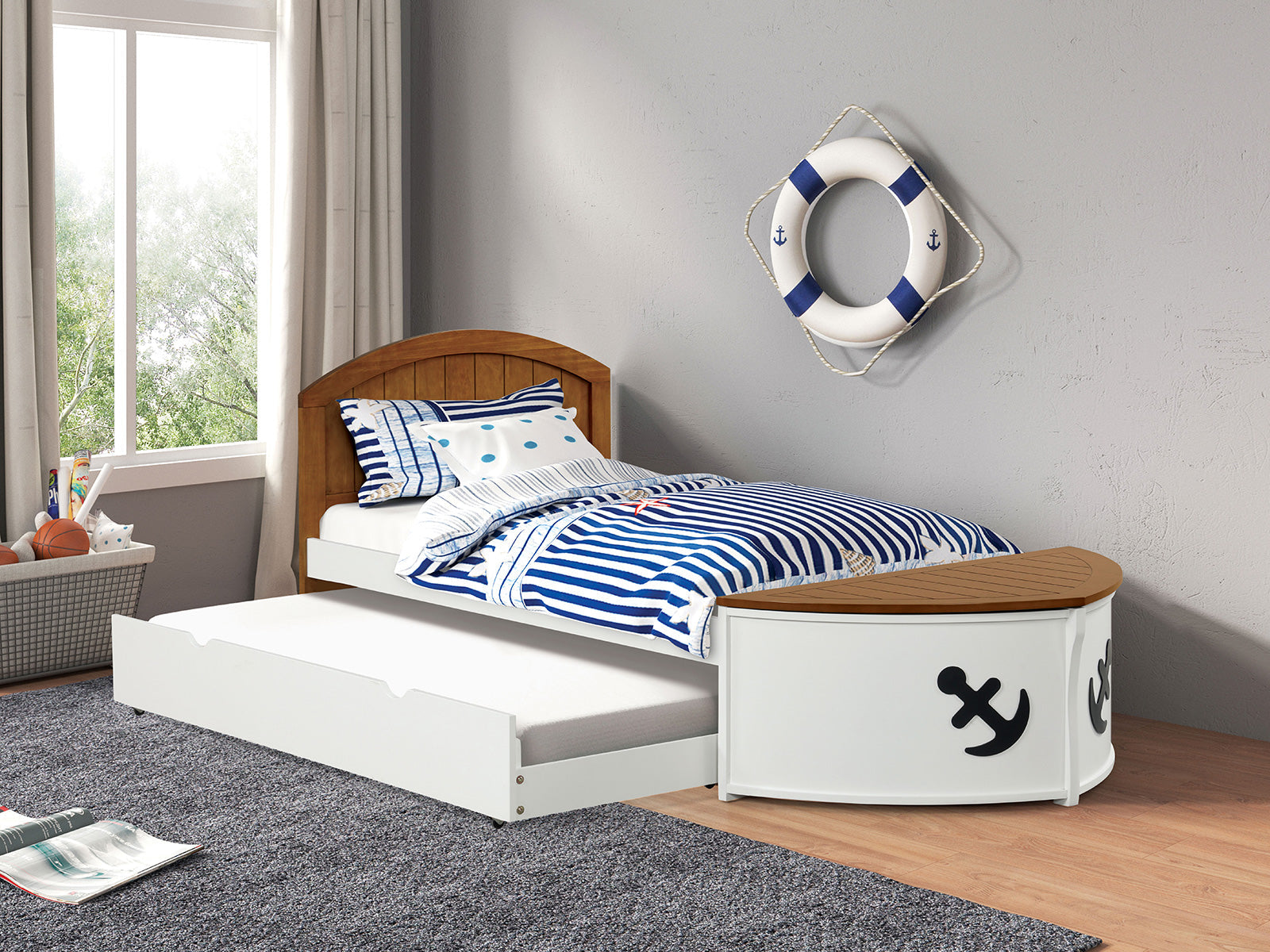Poseidon White/Oak  Captain Bed w/Trundle