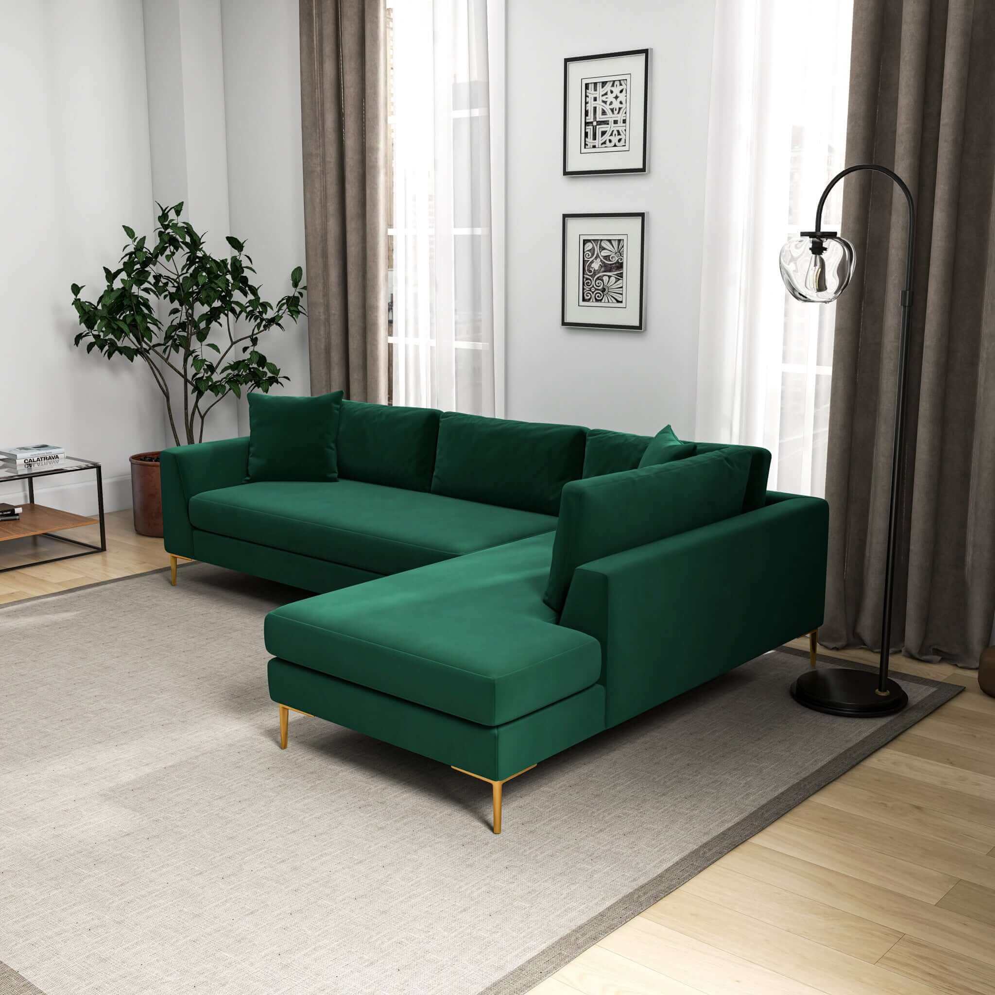 Mano  L-Shaped Velvet Sectional Sofa In Green Right Facing