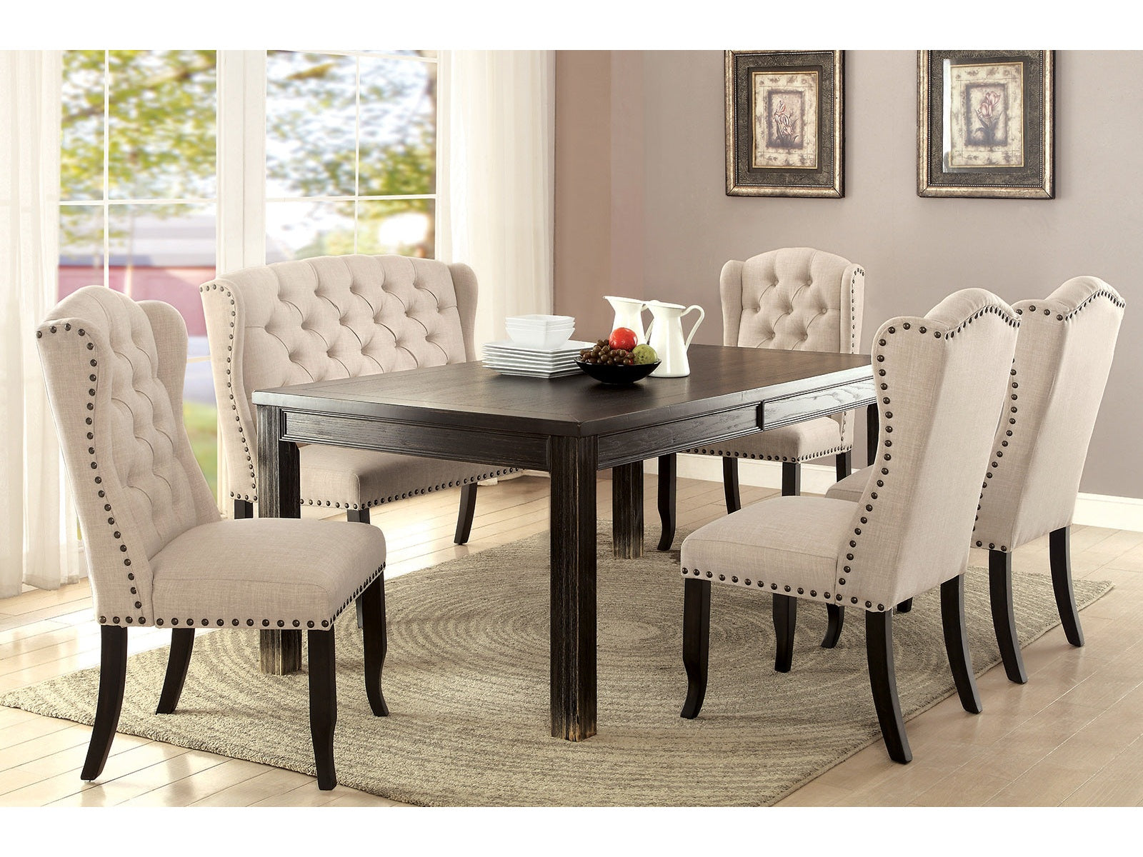 Sania Antique Black/Beige Table & 4 Chairs & 2-Seater Bench