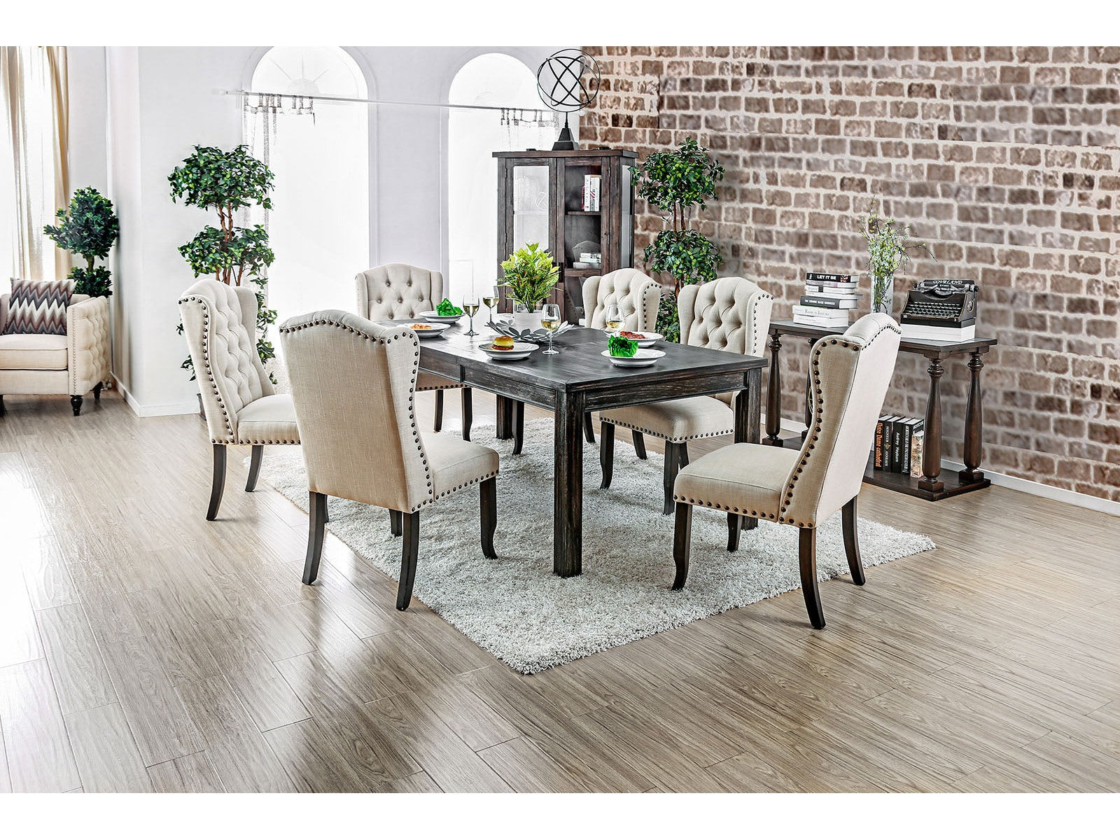 Sania III Antique Black/Beige 9 Piece Dining Set