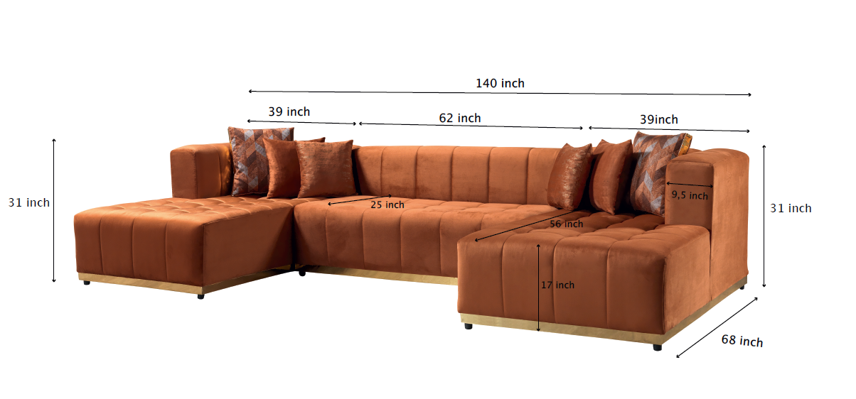 Elisha Orange Velvet Double Chaise 140" Sectional