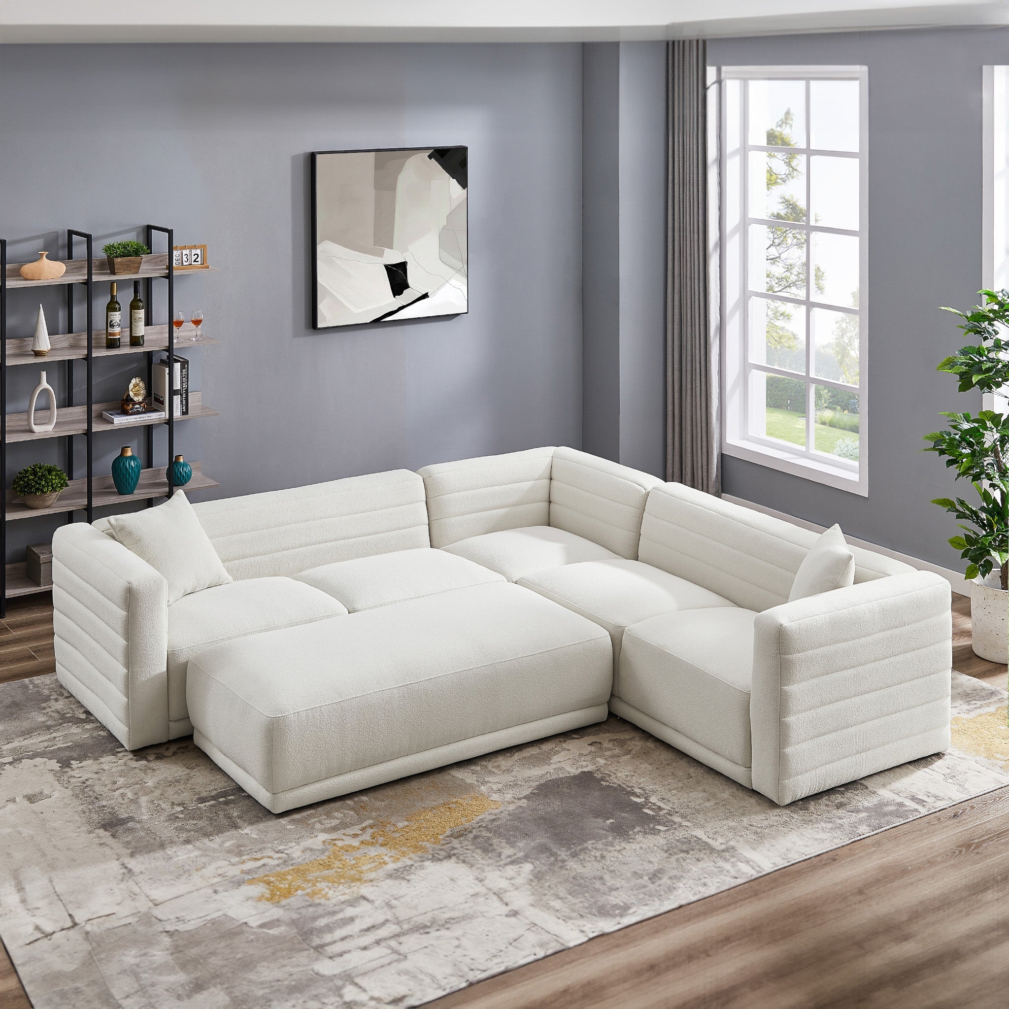 Solo Corner Sectional Sofa With Ottoman - Cream Boucle