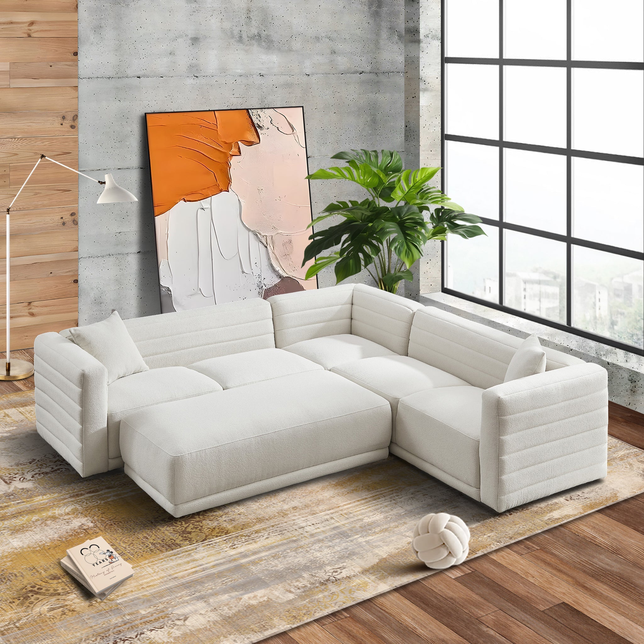 Solo Corner Sectional Sofa With Ottoman - Cream Boucle