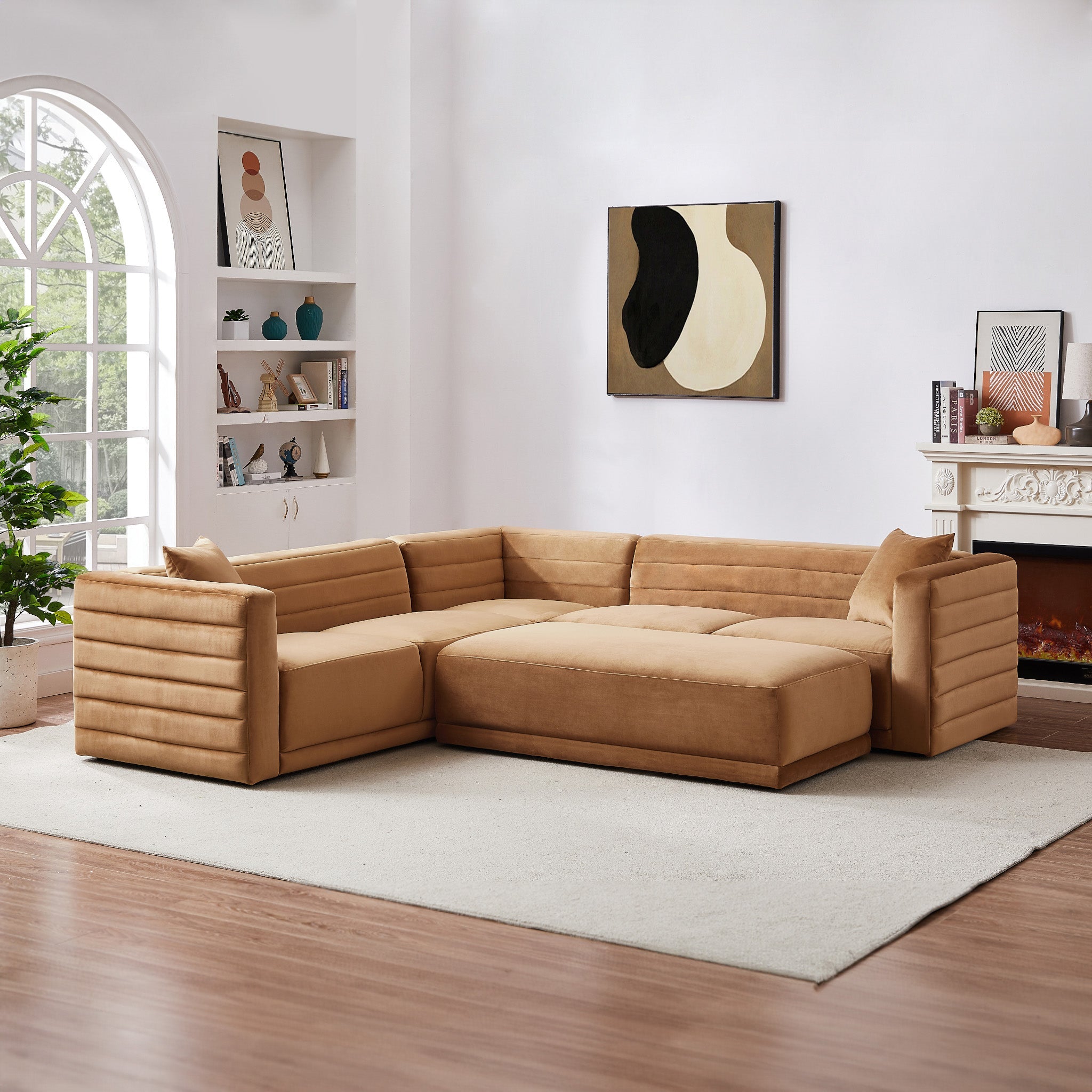 Solo Corner Sectional Sofa With Ottoman - Cognac Velvet
