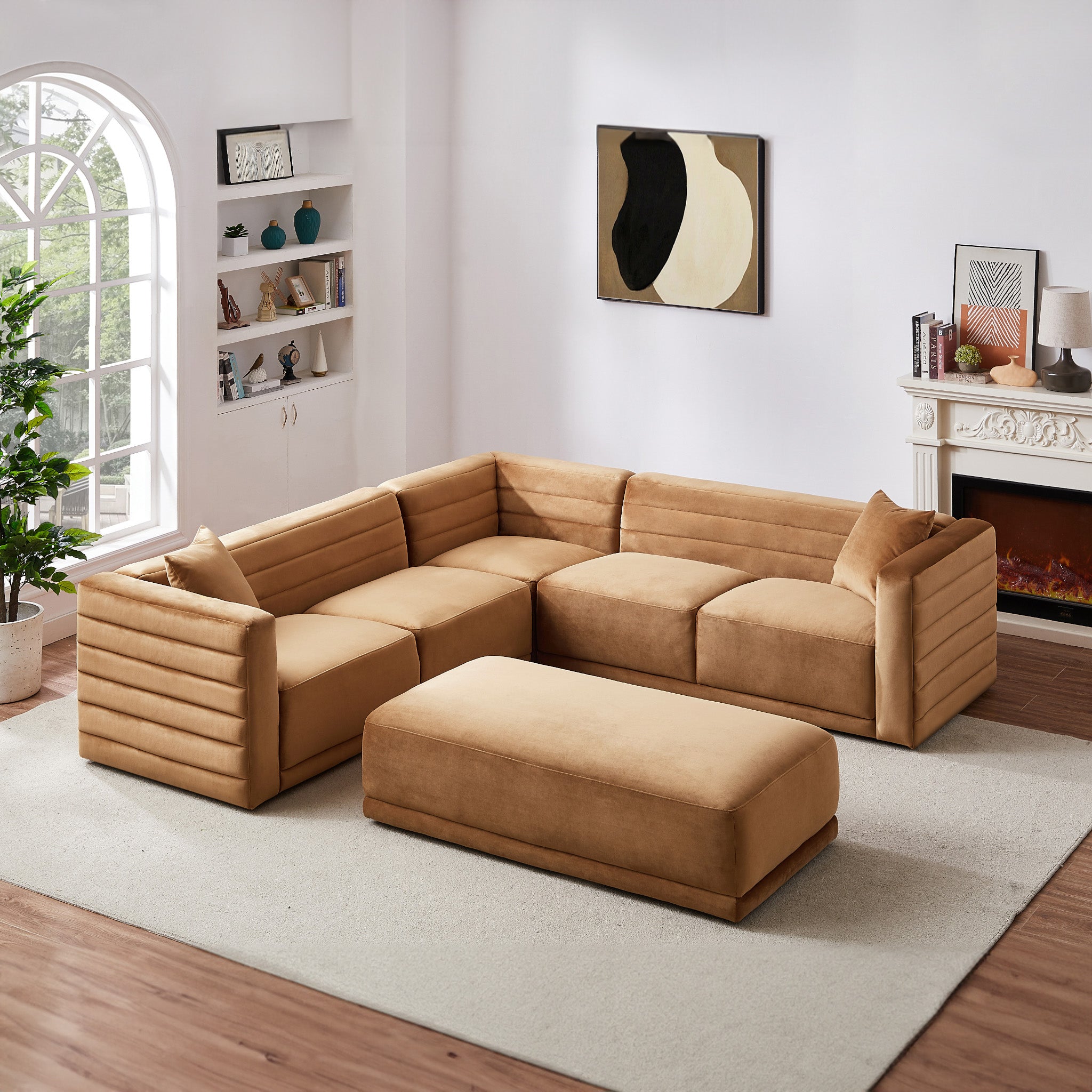 Solo Corner Sectional Sofa With Ottoman - Cognac Velvet