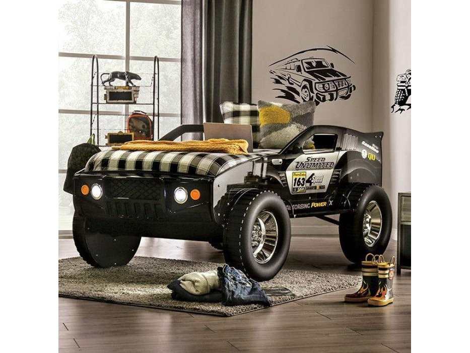 Speed Jump Black Off-Road Twin Car Bed w/ LED Headlights