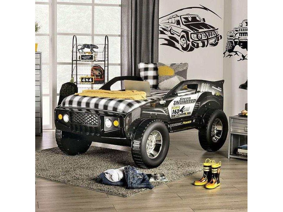 Speed Jump Black Off-Road Twin Car Bed w/ LED Headlights