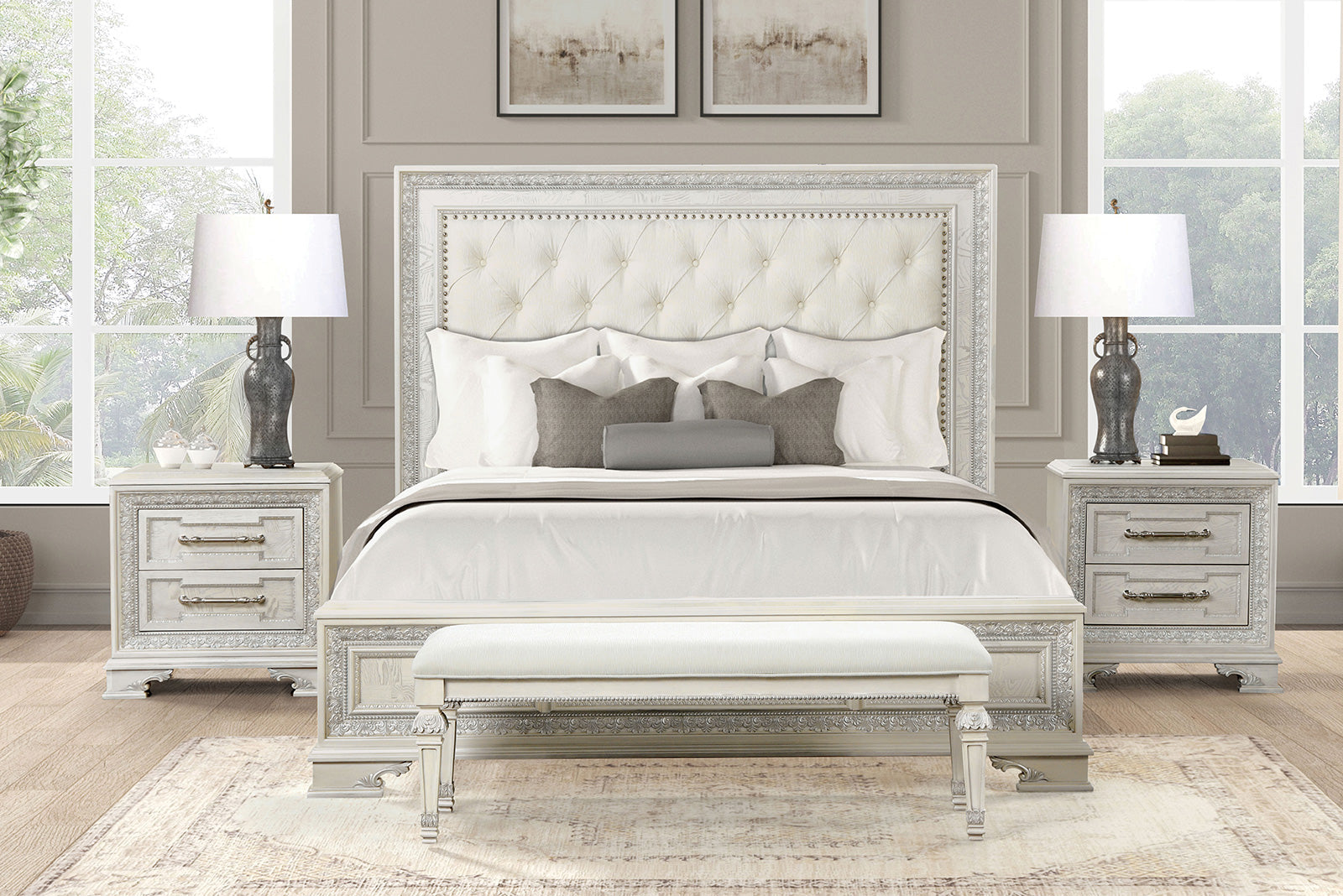 Stella Mia Creamy White Queen Full 5 Piece Bedroom Set w/2 Nightstands