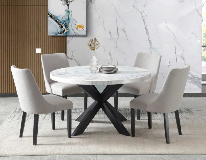 Xena 52-inch Round 5-Piece White Marble Dining Set