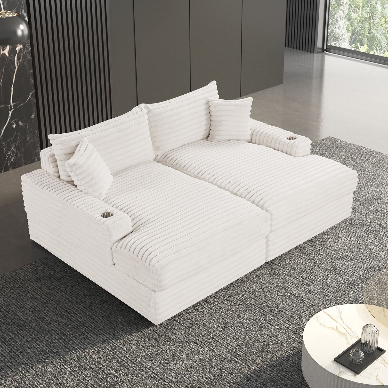 Stupendous II White Corduroy Double Chaise Sectional Sofa