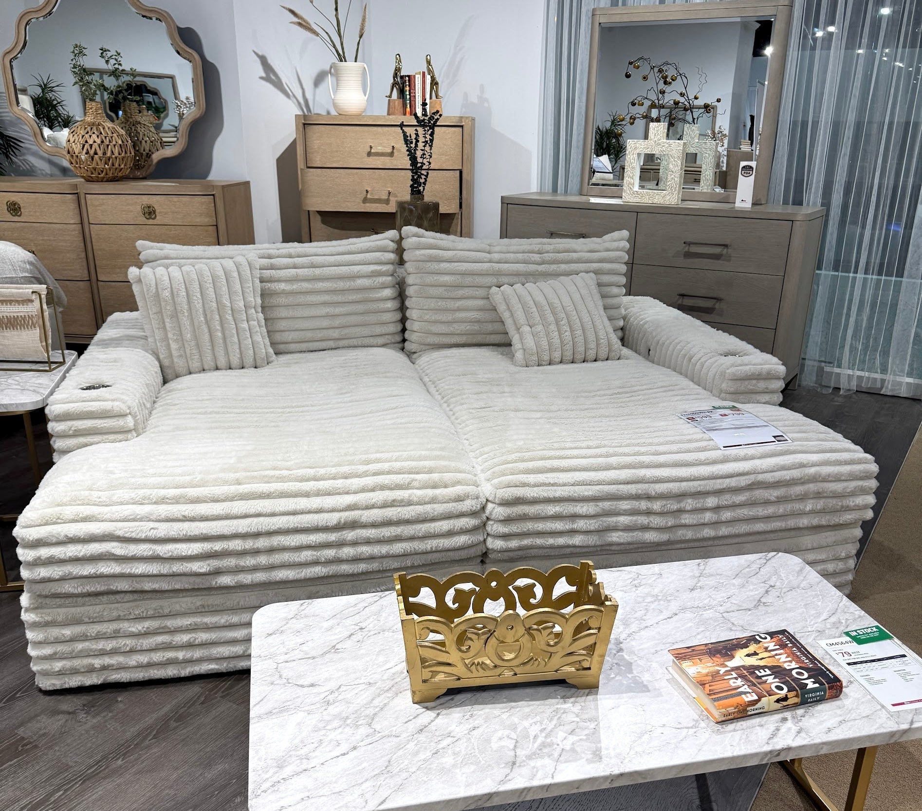 Stupendous II White Corduroy Double Chaise Sectional Sofa