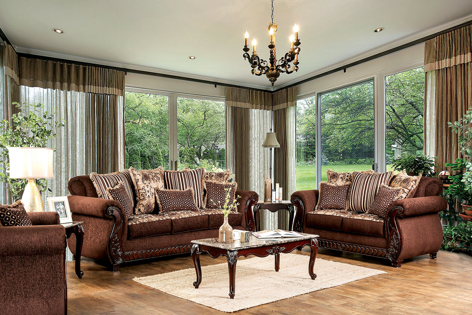 Tabitha Brown & Gold Stationary Sofa & Loveseat 2pc