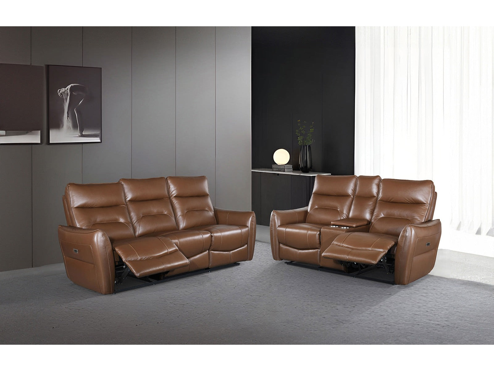 Terentius Caramel Brown Leather Match Reclining Living Room Set